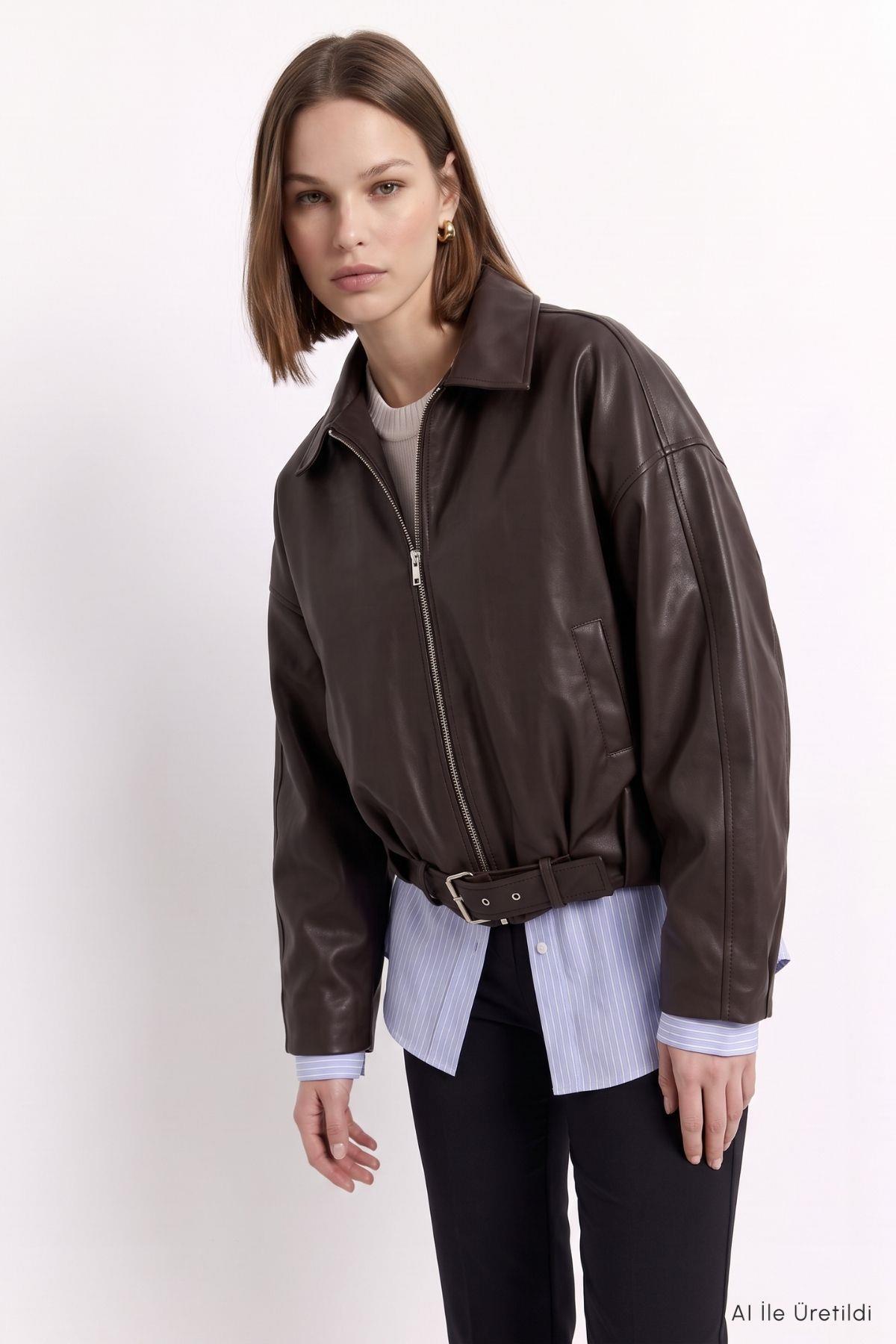 Oversize Deri Ceket 3137 Kahve - 3