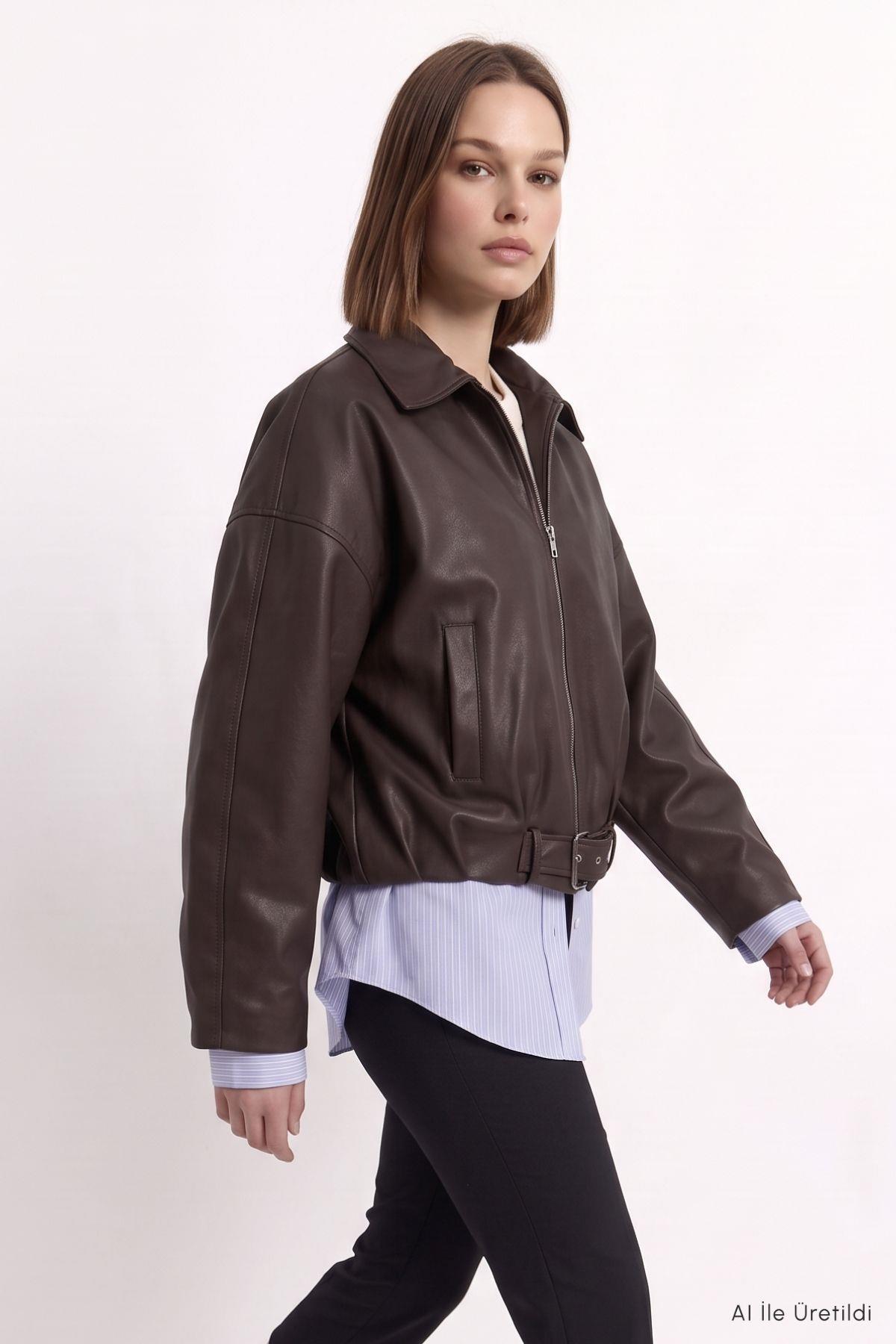 Oversize Deri Ceket 3137 Kahve - 4
