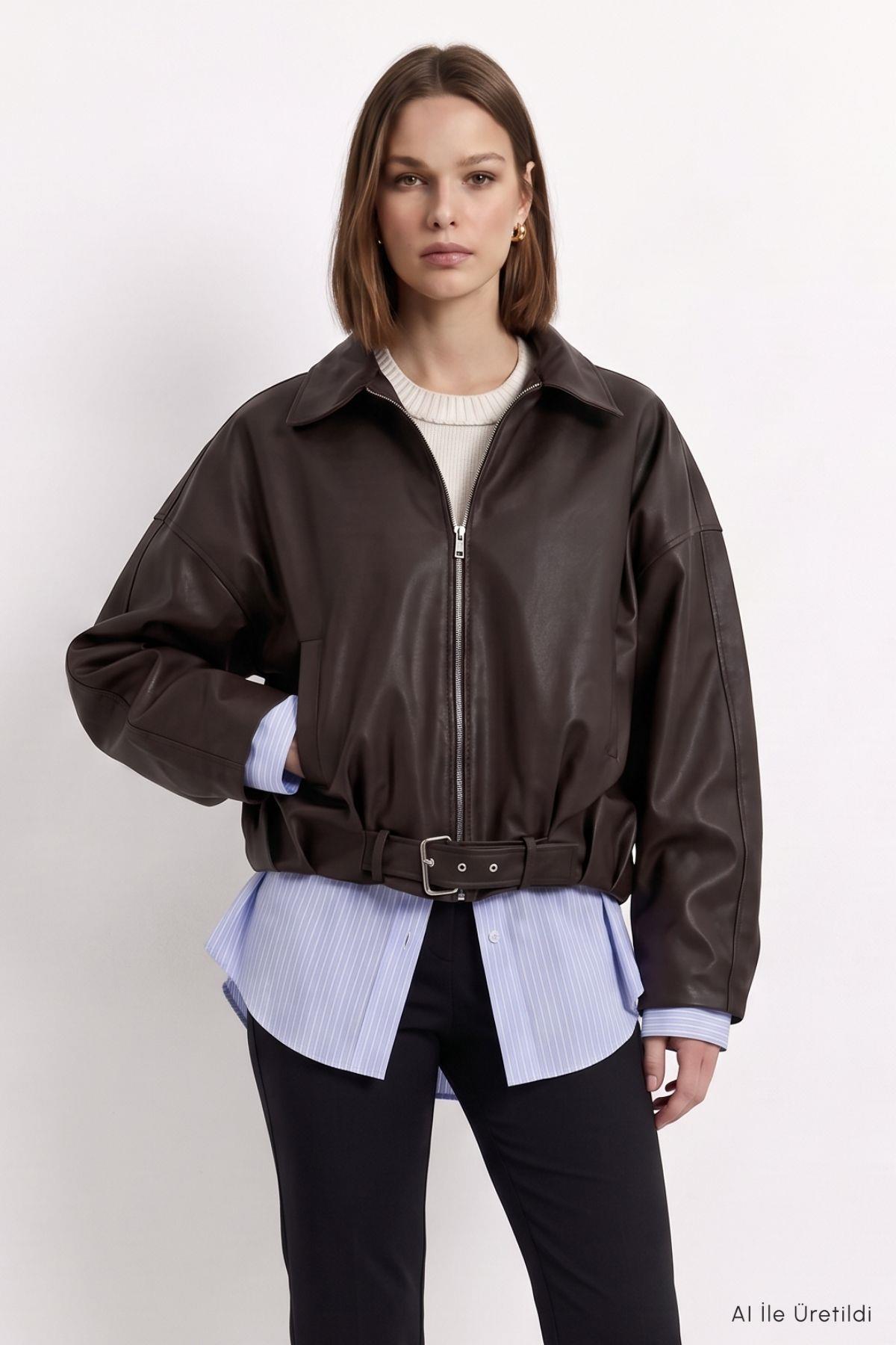 Oversize Deri Ceket 3137 Kahve - 5