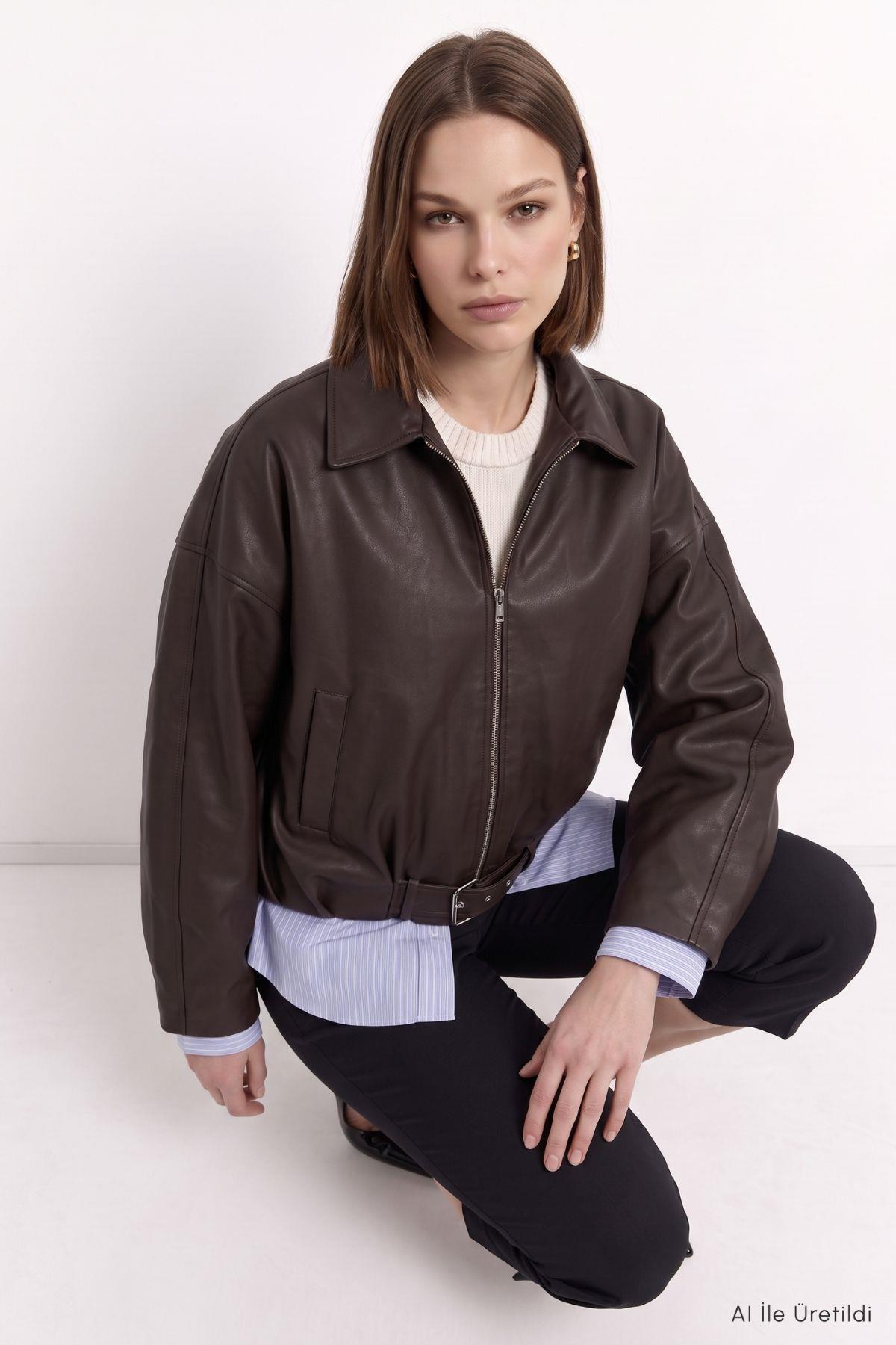 Oversize Deri Ceket 3137 Kahve - 6