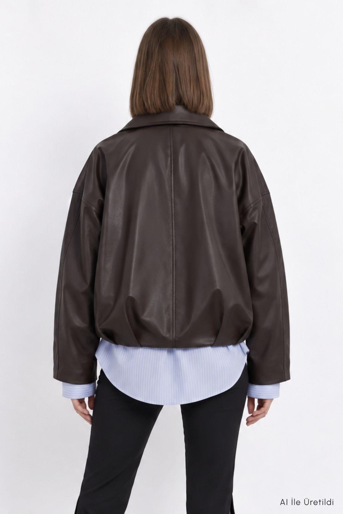 Oversize Deri Ceket 3137 Kahve - 8