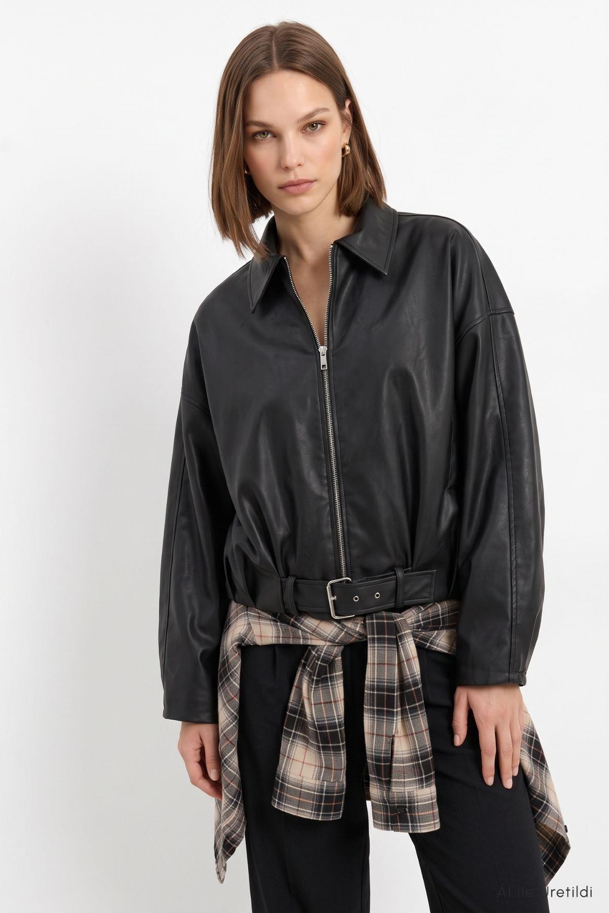 Oversize Deri Ceket 3137 Siyah - 3