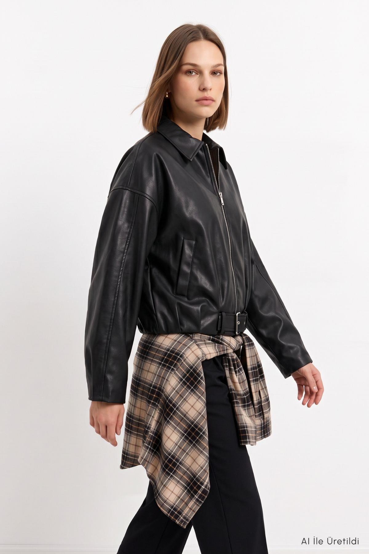 Oversize Deri Ceket 3137 Siyah - 4