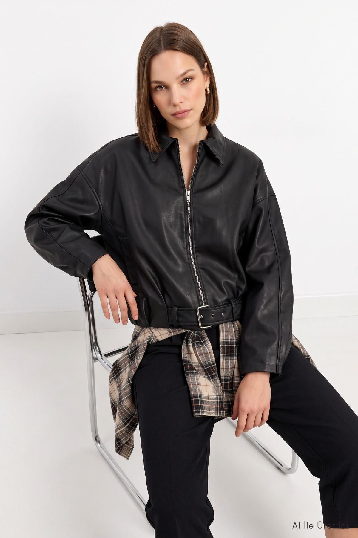 Oversize Deri Ceket 3137 Siyah - 5