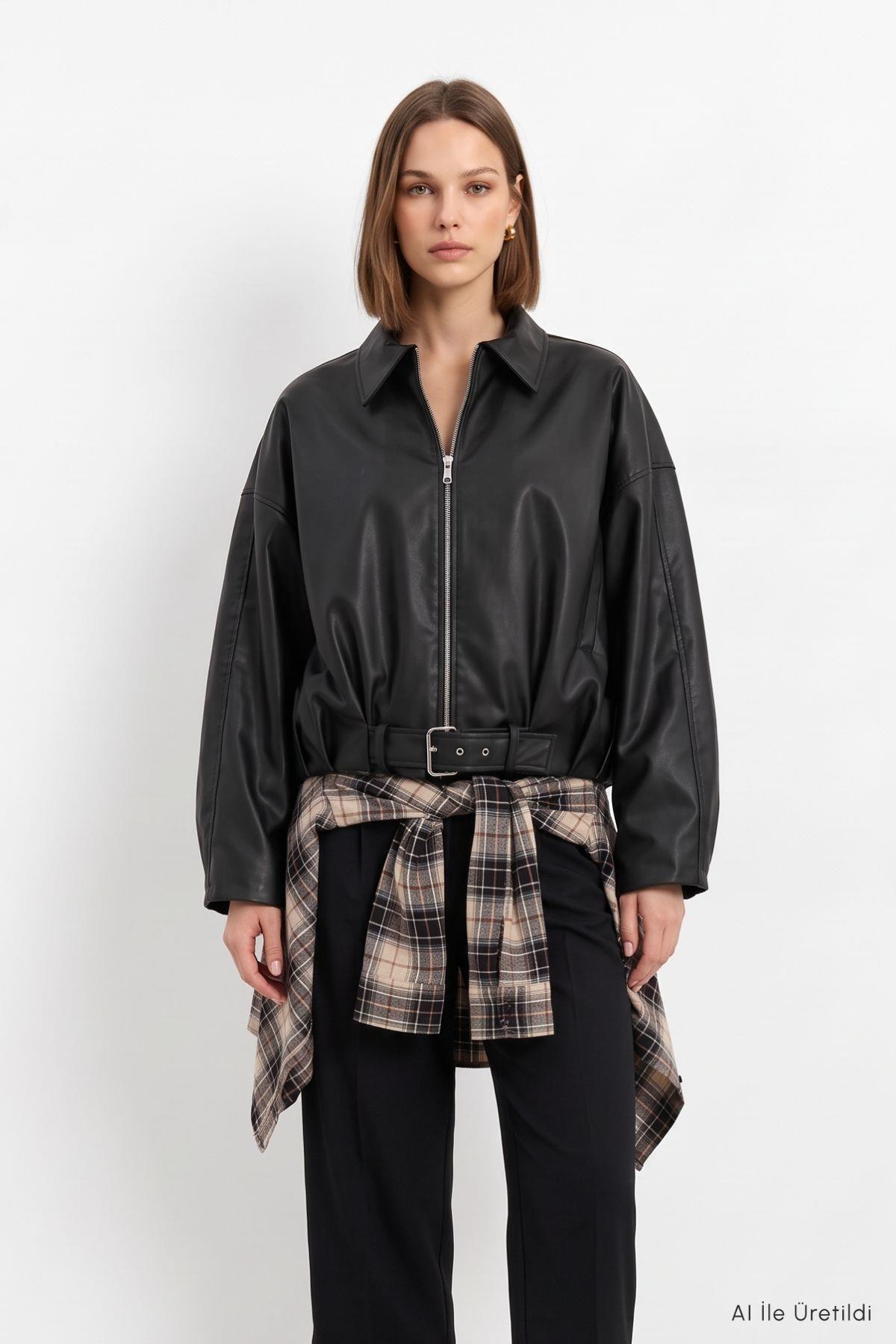 Oversize Deri Ceket 3137 Siyah - 6