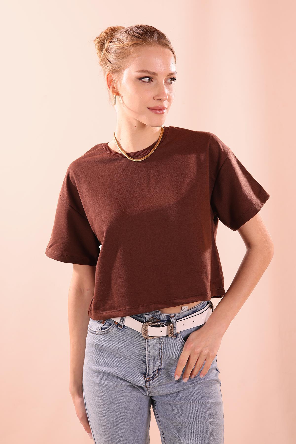Oversize Kısa Tişört - 9408 Acı Kahve - 1