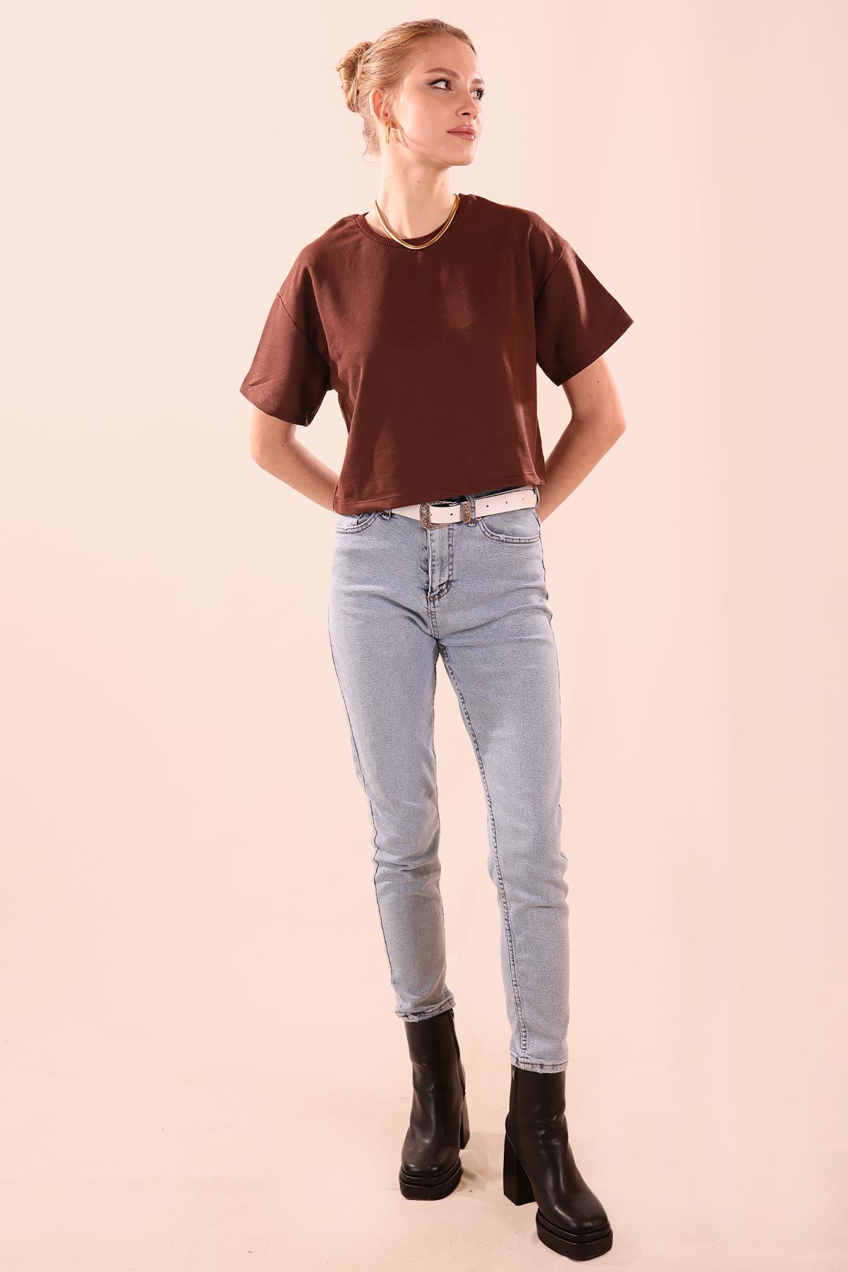 Oversize Kısa Tişört - 9408 Acı Kahve - 3