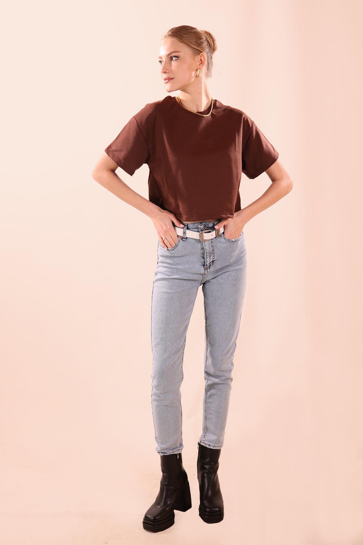 Oversize Kısa Tişört - 9408 Acı Kahve - 4