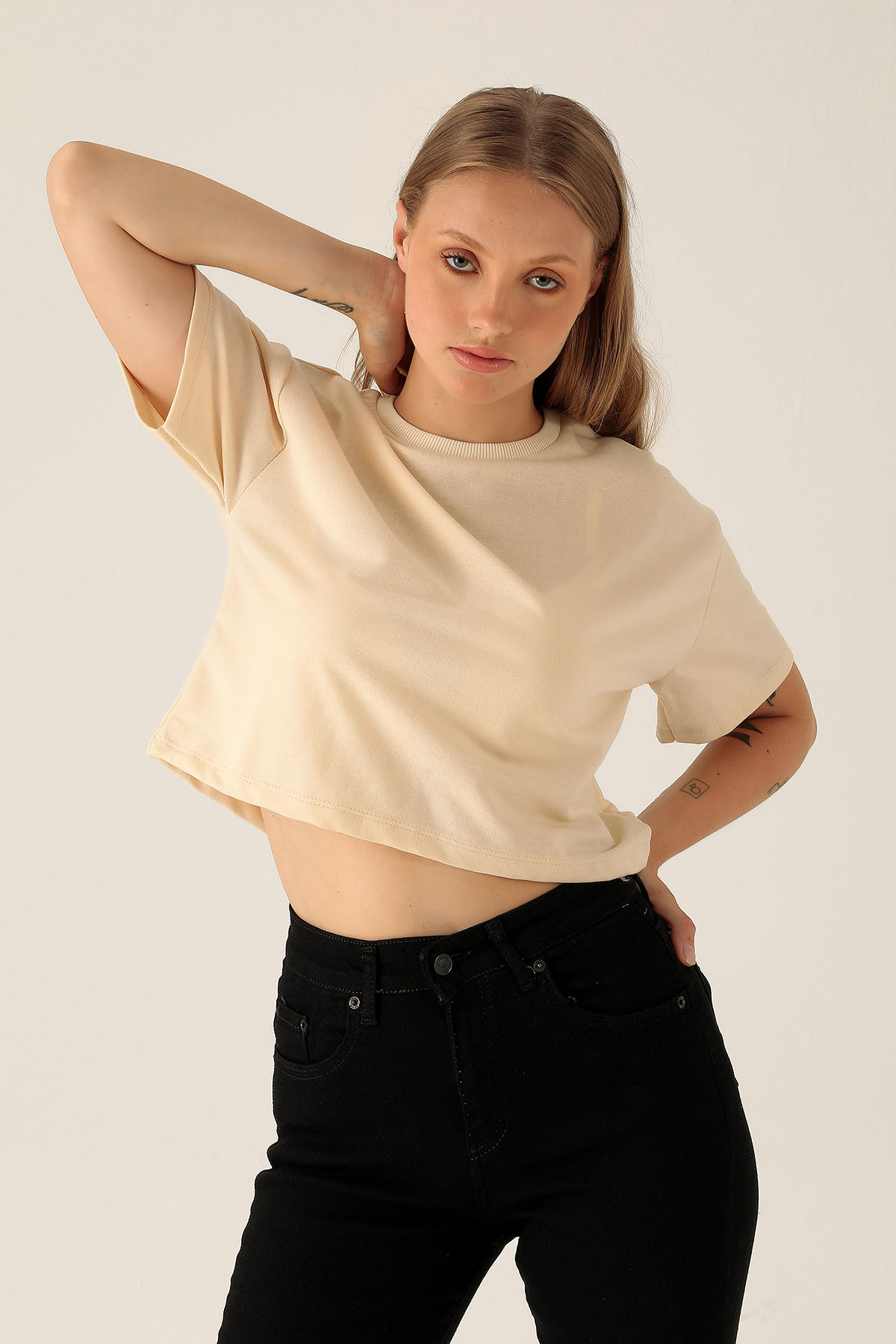 Oversize Kısa Tişört - 9408 Bej - 1