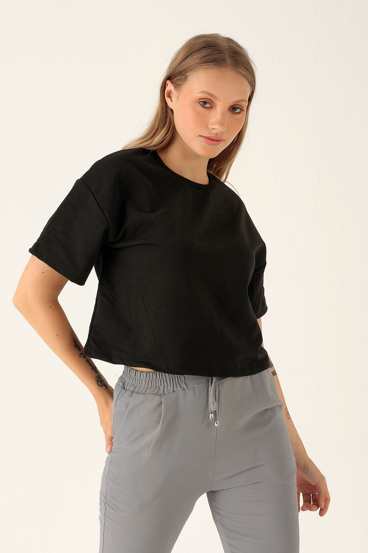 Oversize Kısa Tişört - 9408 Siyah 