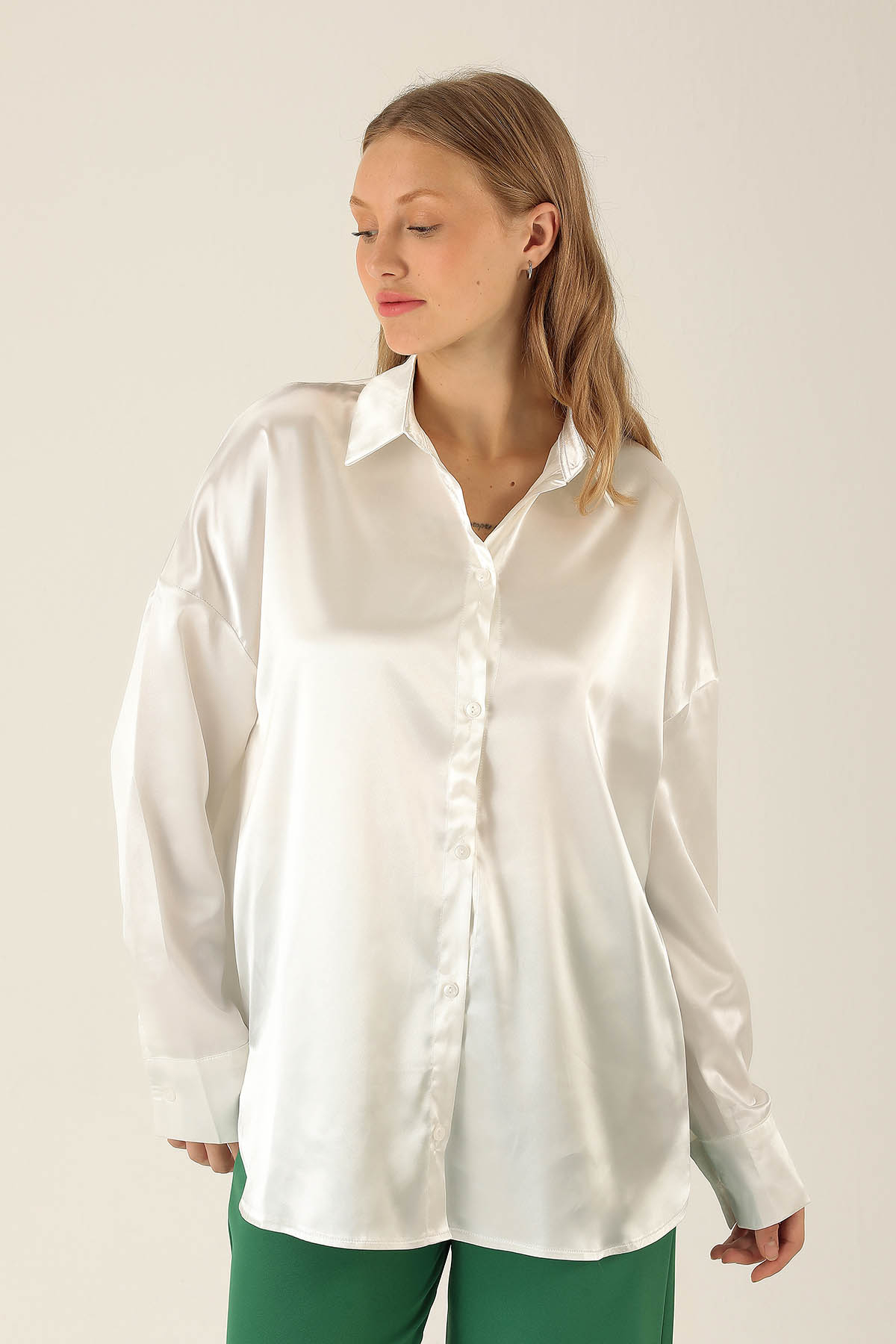 Oversize Saten Bayan Gömlek - 1638 Beyaz - 2