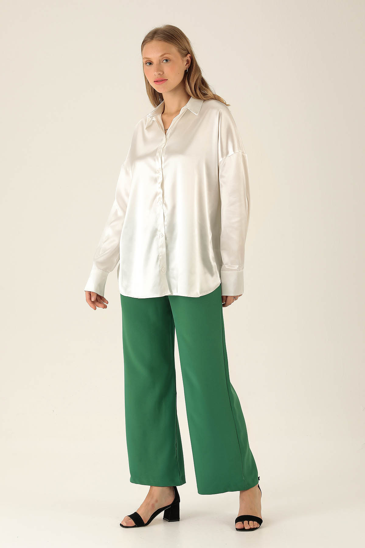 Oversize Saten Bayan Gömlek - 1638 Beyaz - 4