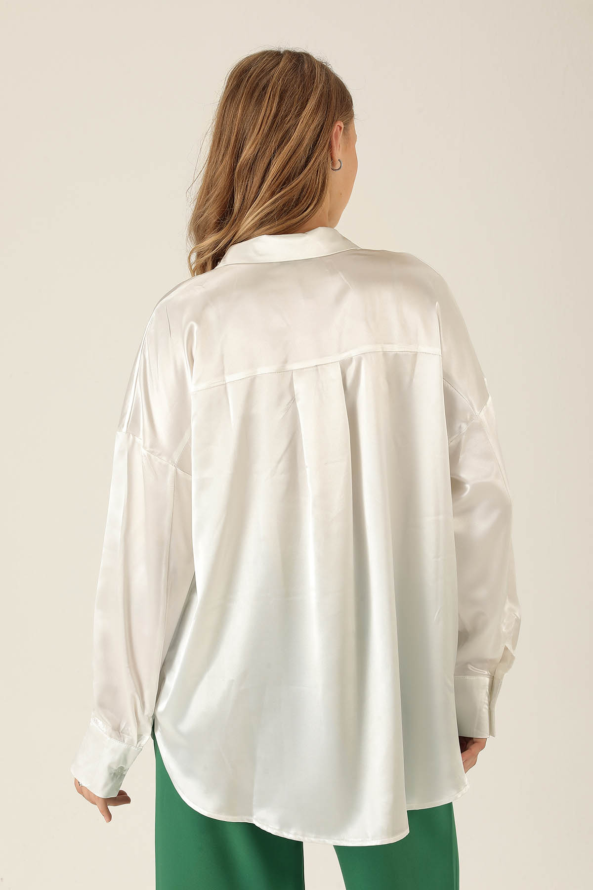 Oversize Saten Bayan Gömlek - 1638 Beyaz - 5