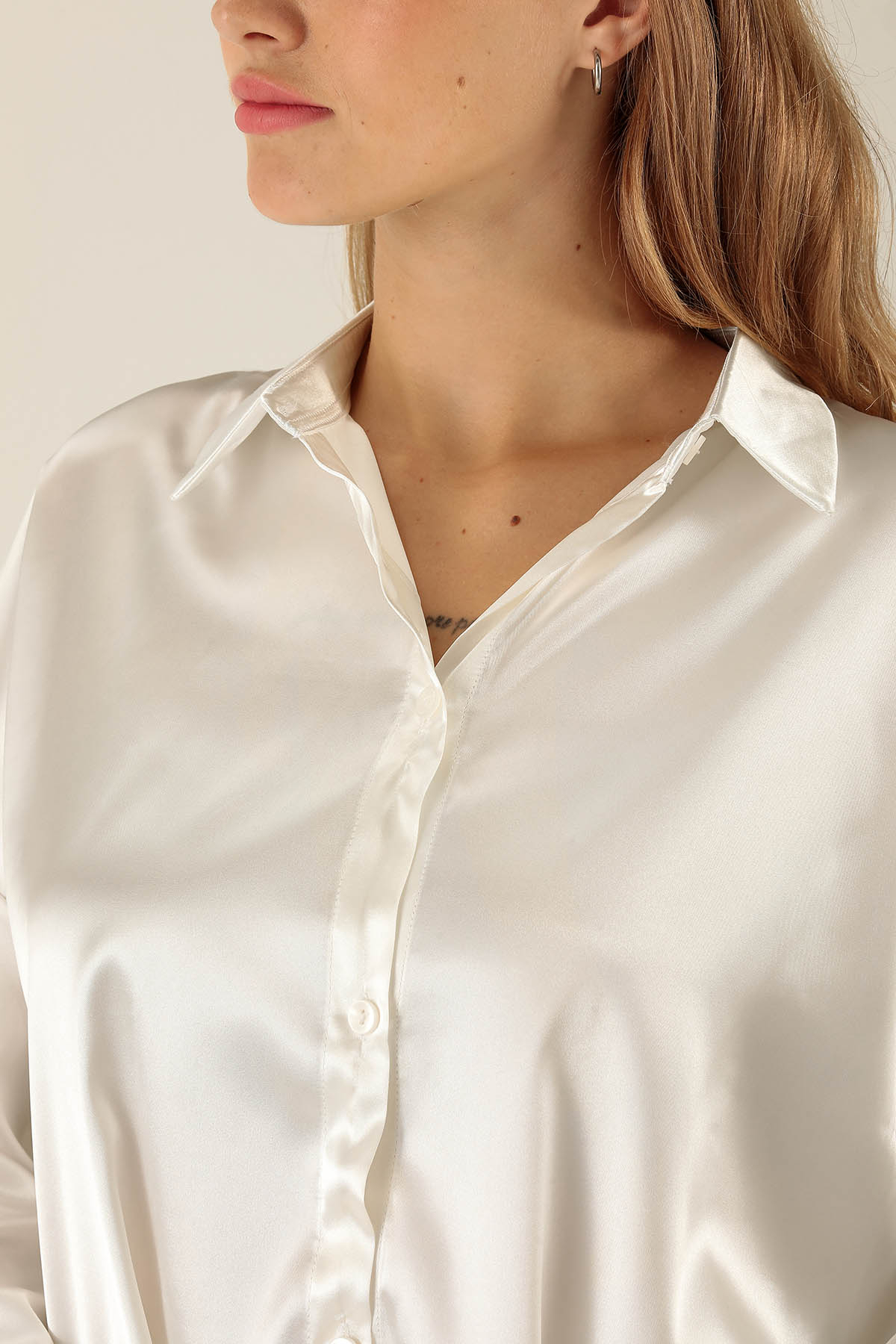 Oversize Saten Bayan Gömlek - 1638 Beyaz - 6
