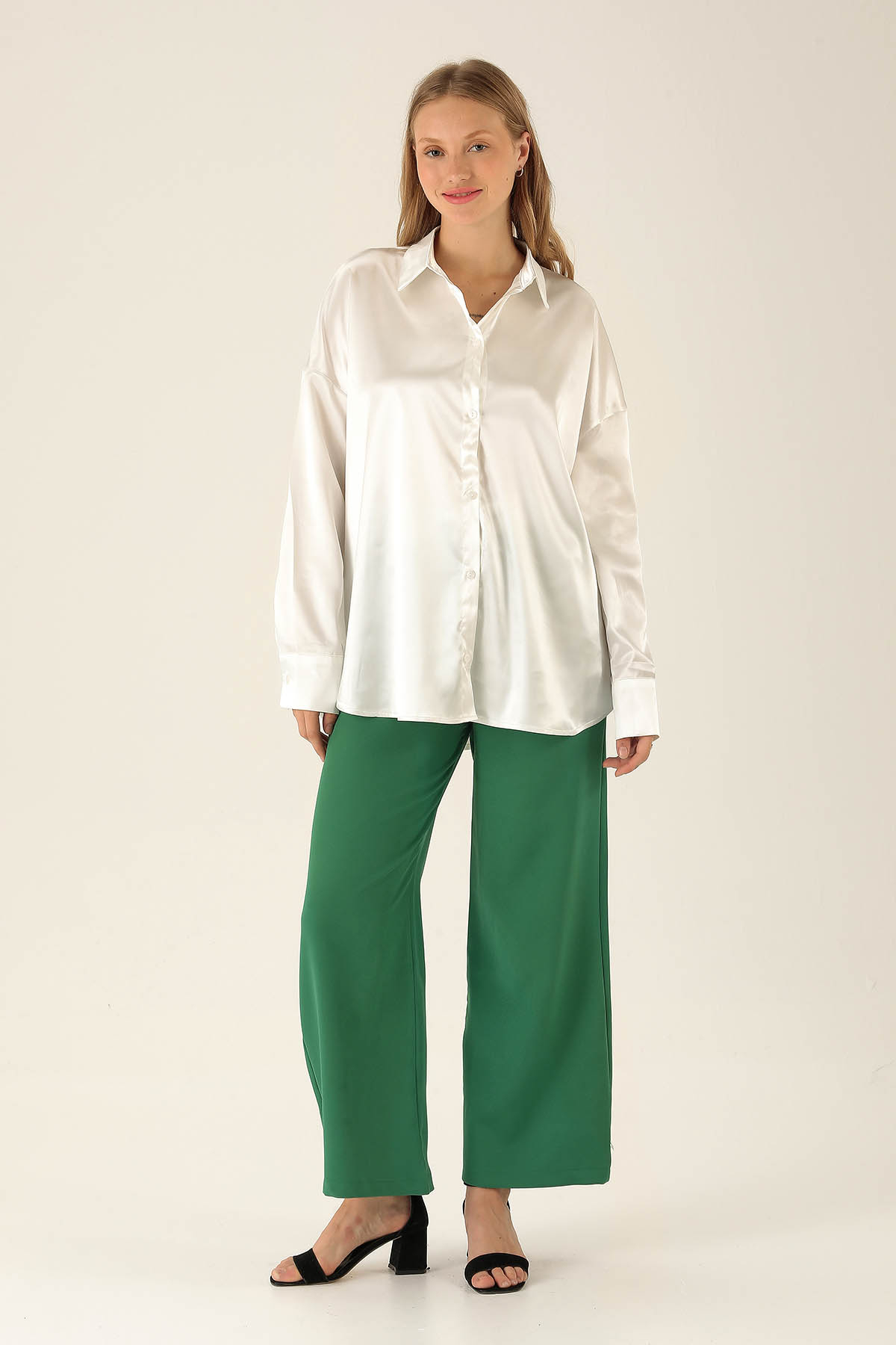 Oversize Saten Bayan Gömlek - 1638 Beyaz - 3