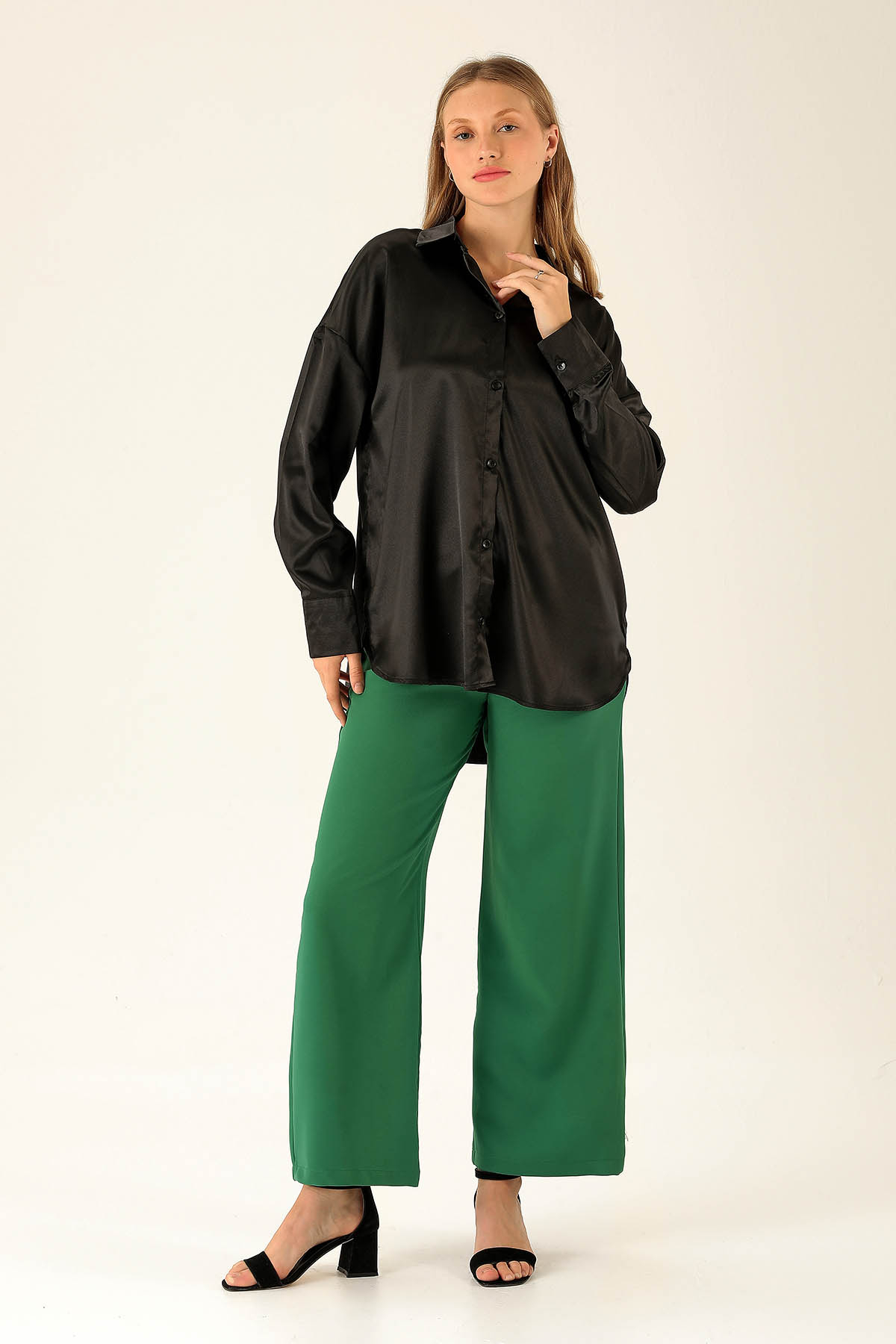 Oversize Saten Bayan Gömlek - 1638 Siyah - 4