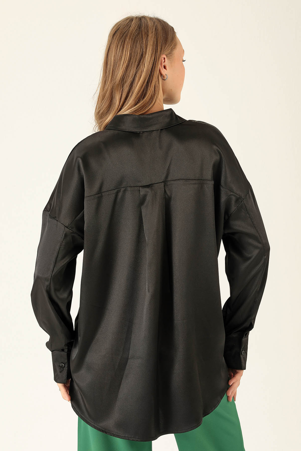 Oversize Saten Bayan Gömlek - 1638 Siyah - 5