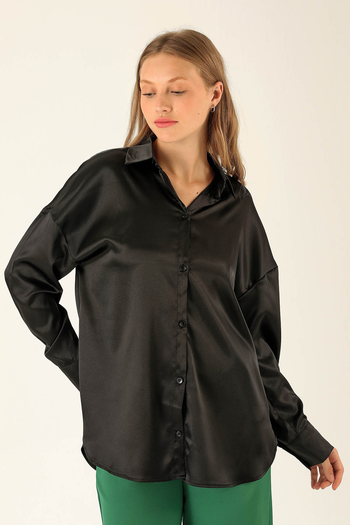 Oversize Saten Bayan Gömlek - 1638 Siyah - 2
