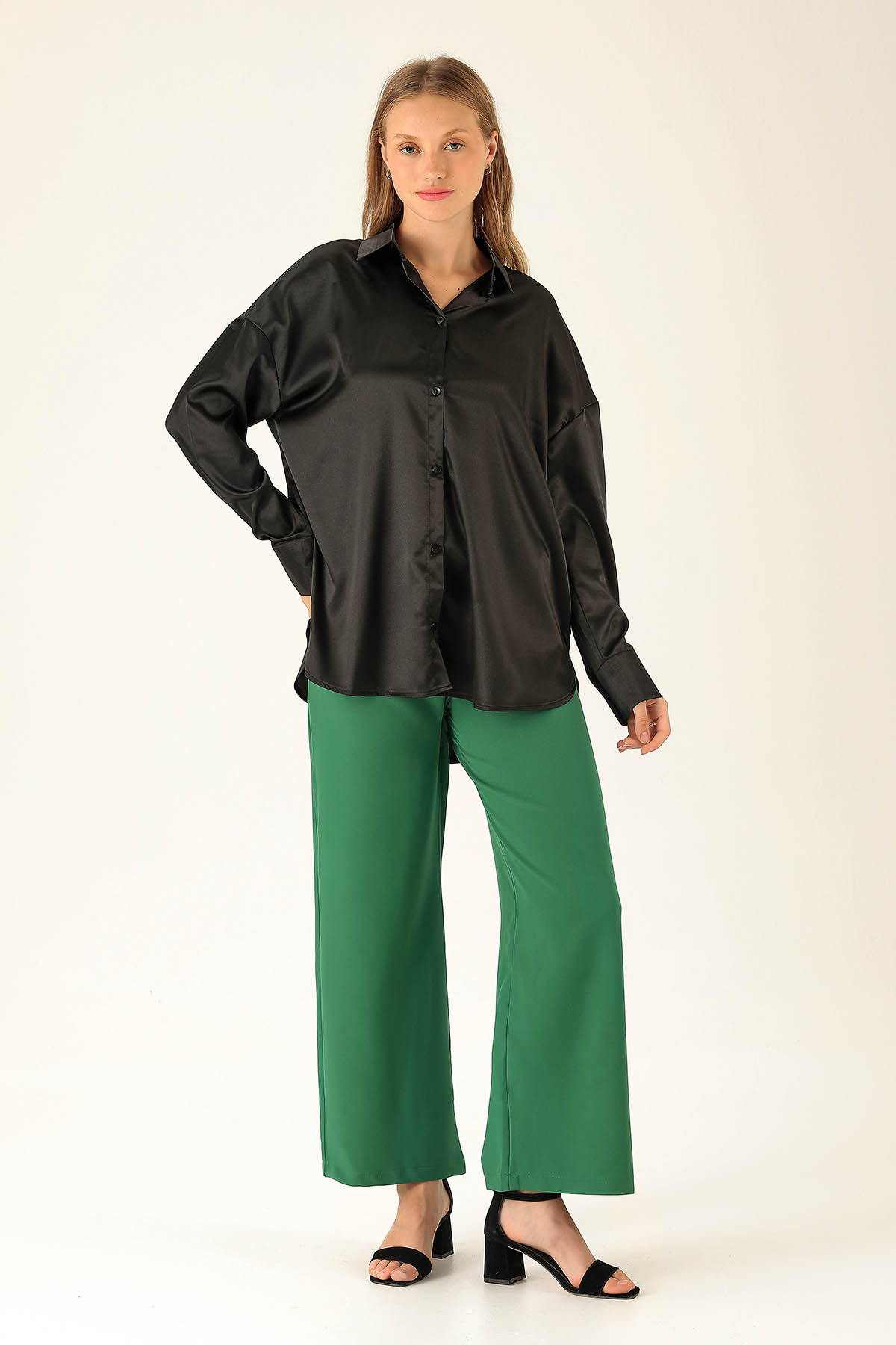 Oversize Saten Bayan Gömlek - 1638 Siyah - 3