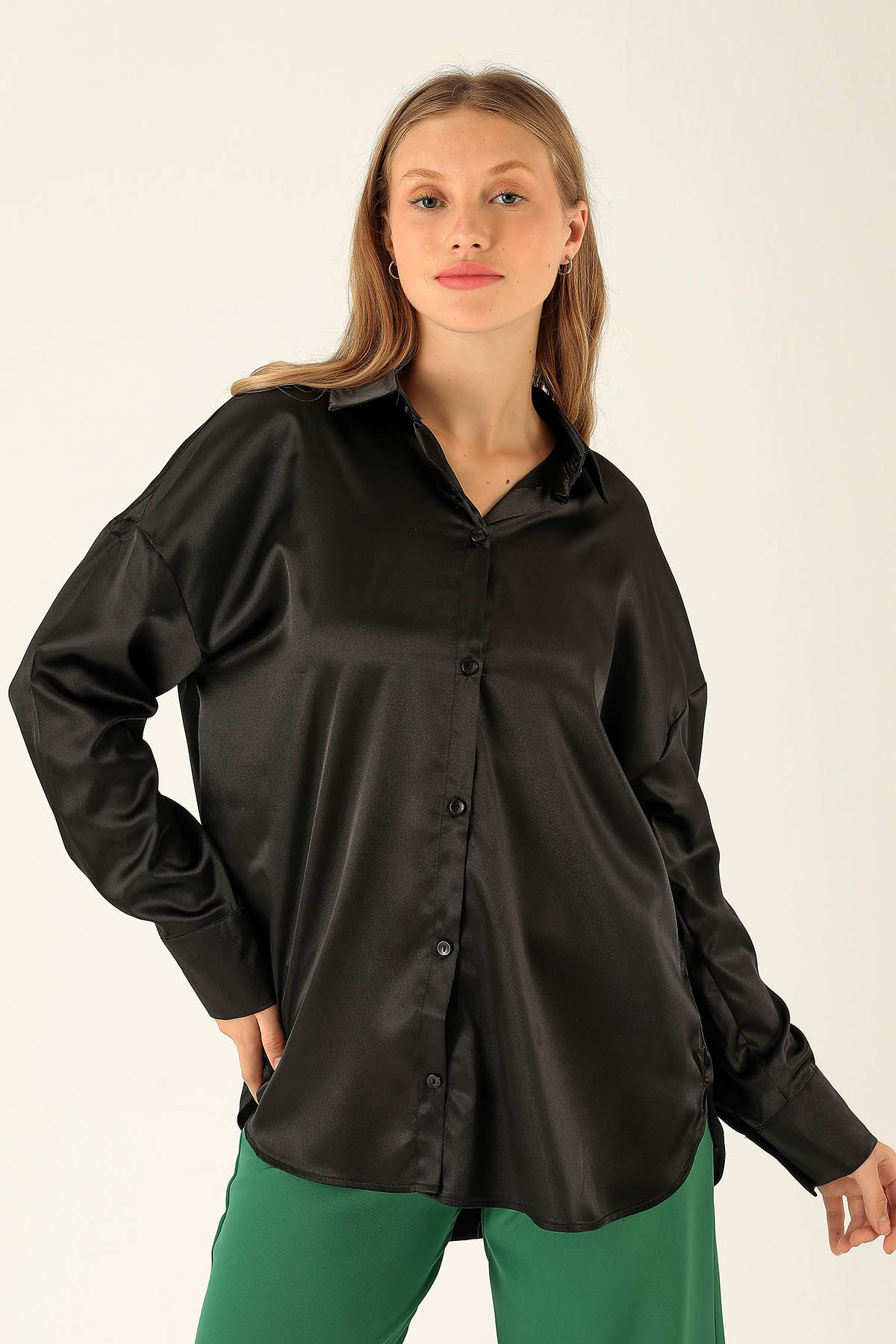 Oversize Saten Bayan Gömlek - 1638 Siyah - 1