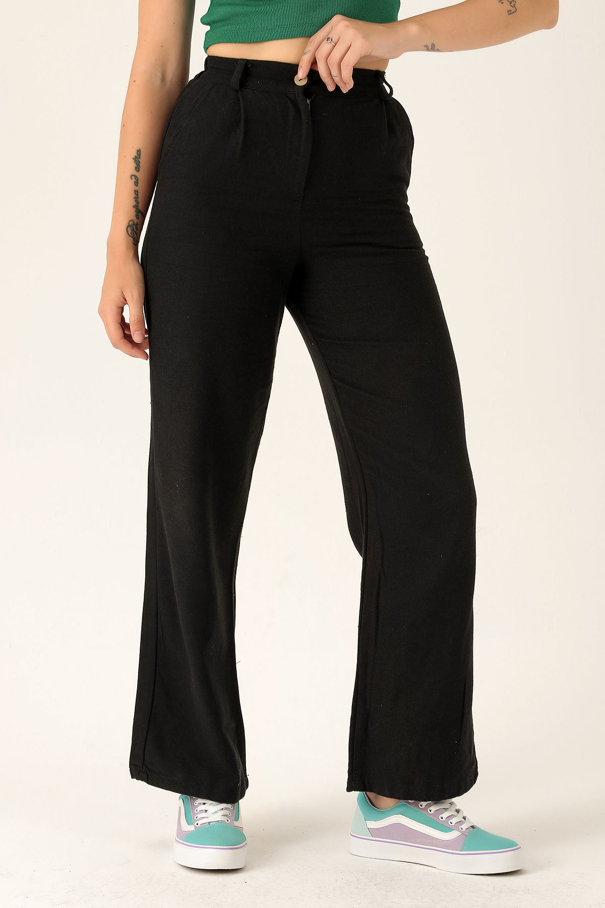 Palazzo Keten Bayan Pantolon - 1926 Siyah - 3