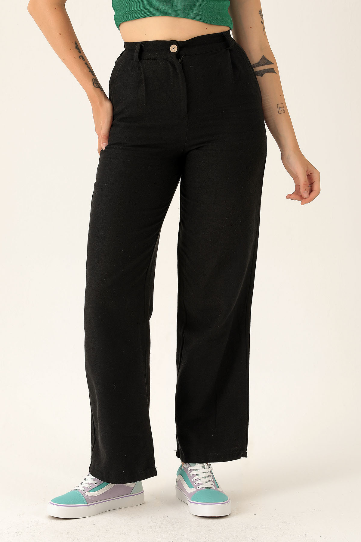 Palazzo Keten Bayan Pantolon - 1926 Siyah - 4