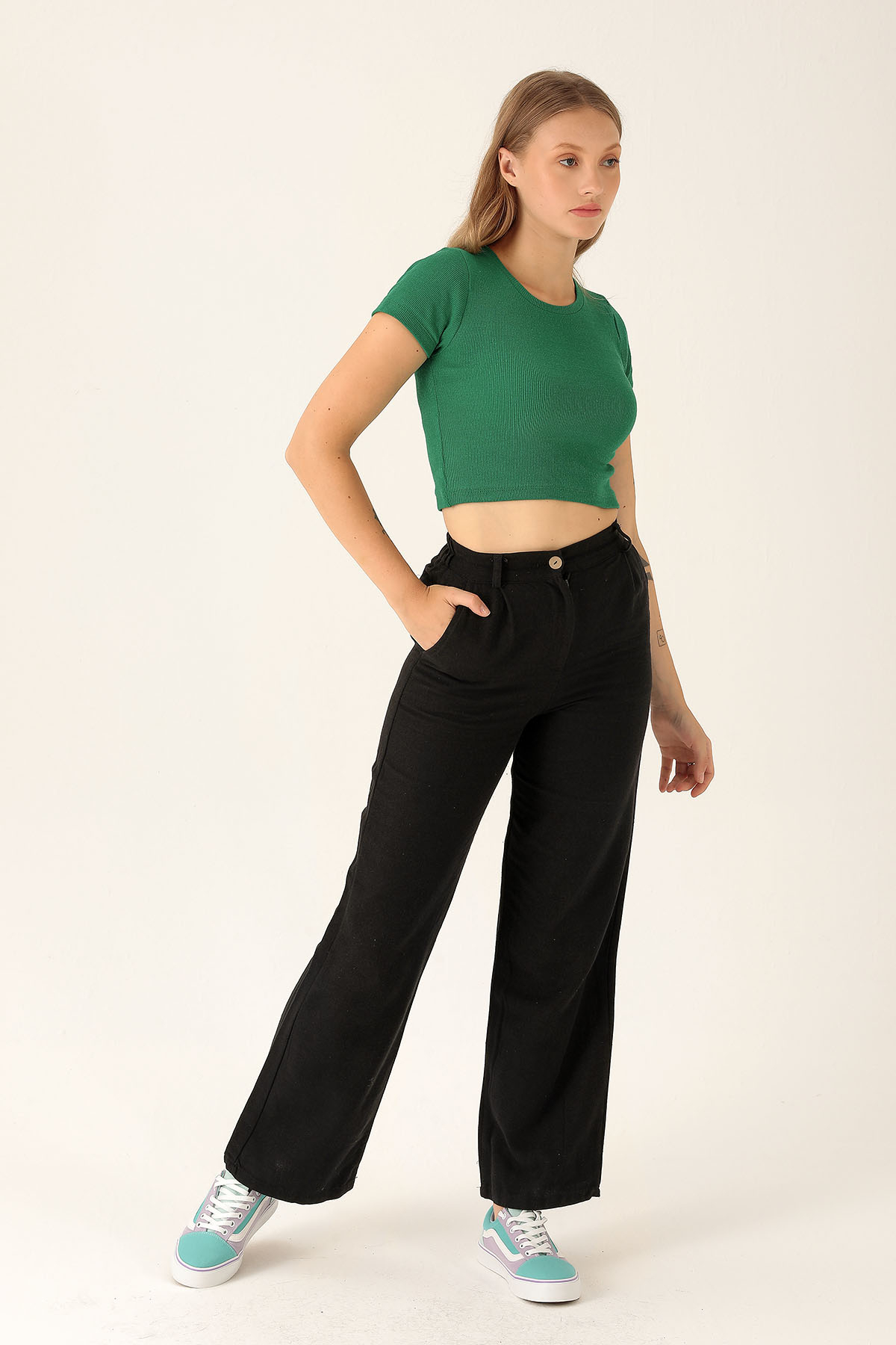 Palazzo Keten Bayan Pantolon - 1926 Siyah - 2