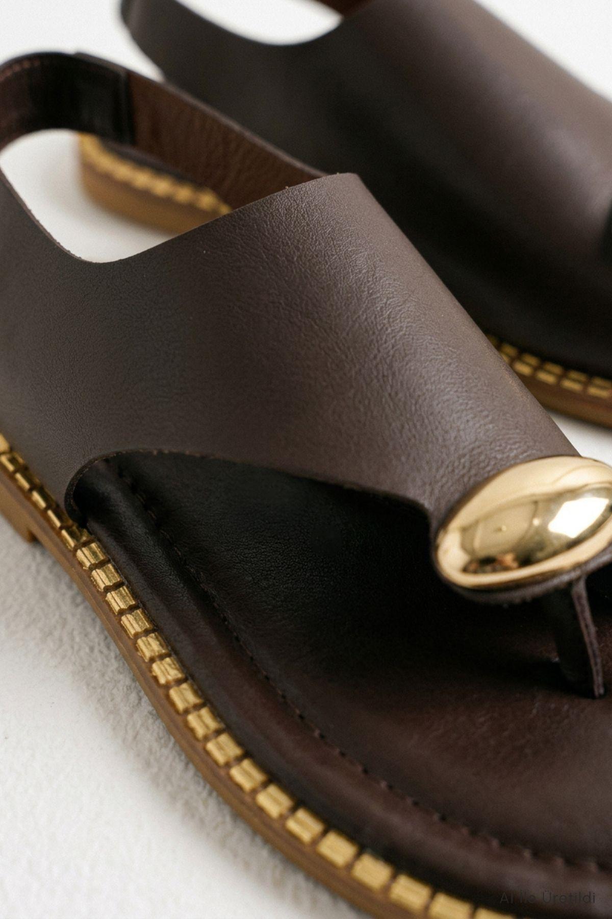 Parmak Arası Sandalet Gold Toka Detaylı 100 Kahve - RAYS