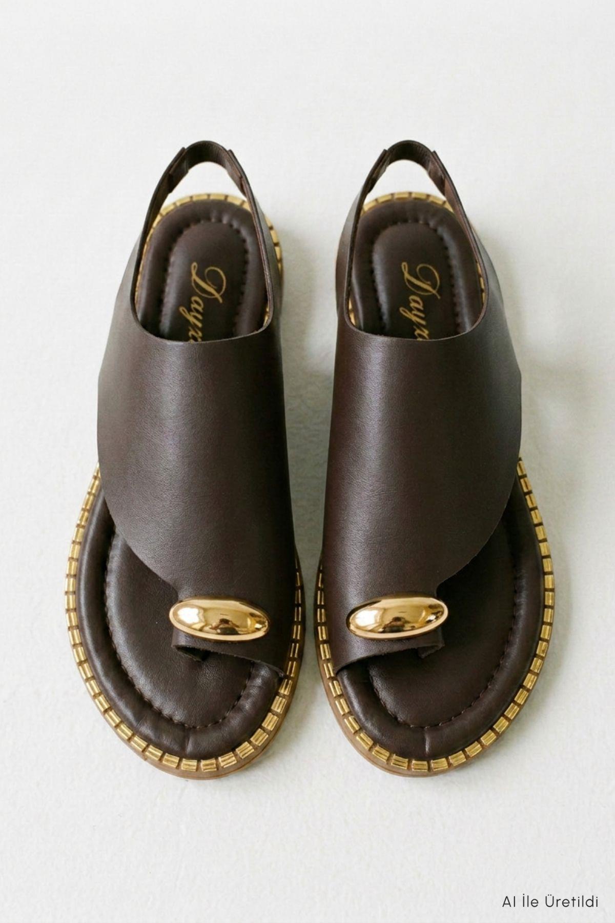 Parmak Arası Sandalet Gold Toka Detaylı 100 Kahve - 4