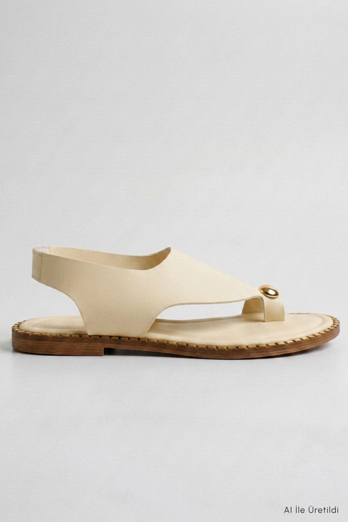 Parmak Arası Sandalet Gold Toka Detaylı 100 Krem - 2