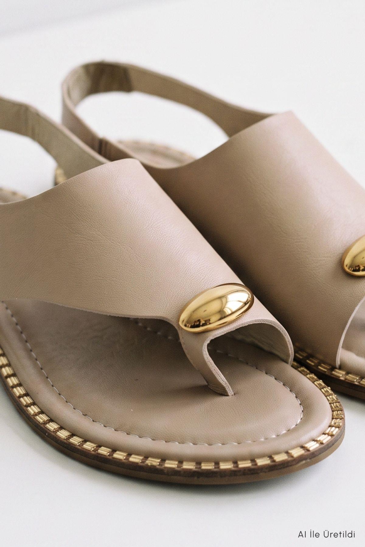 Parmak Arası Sandalet Gold Toka Detaylı 100 Vizon - RAYS