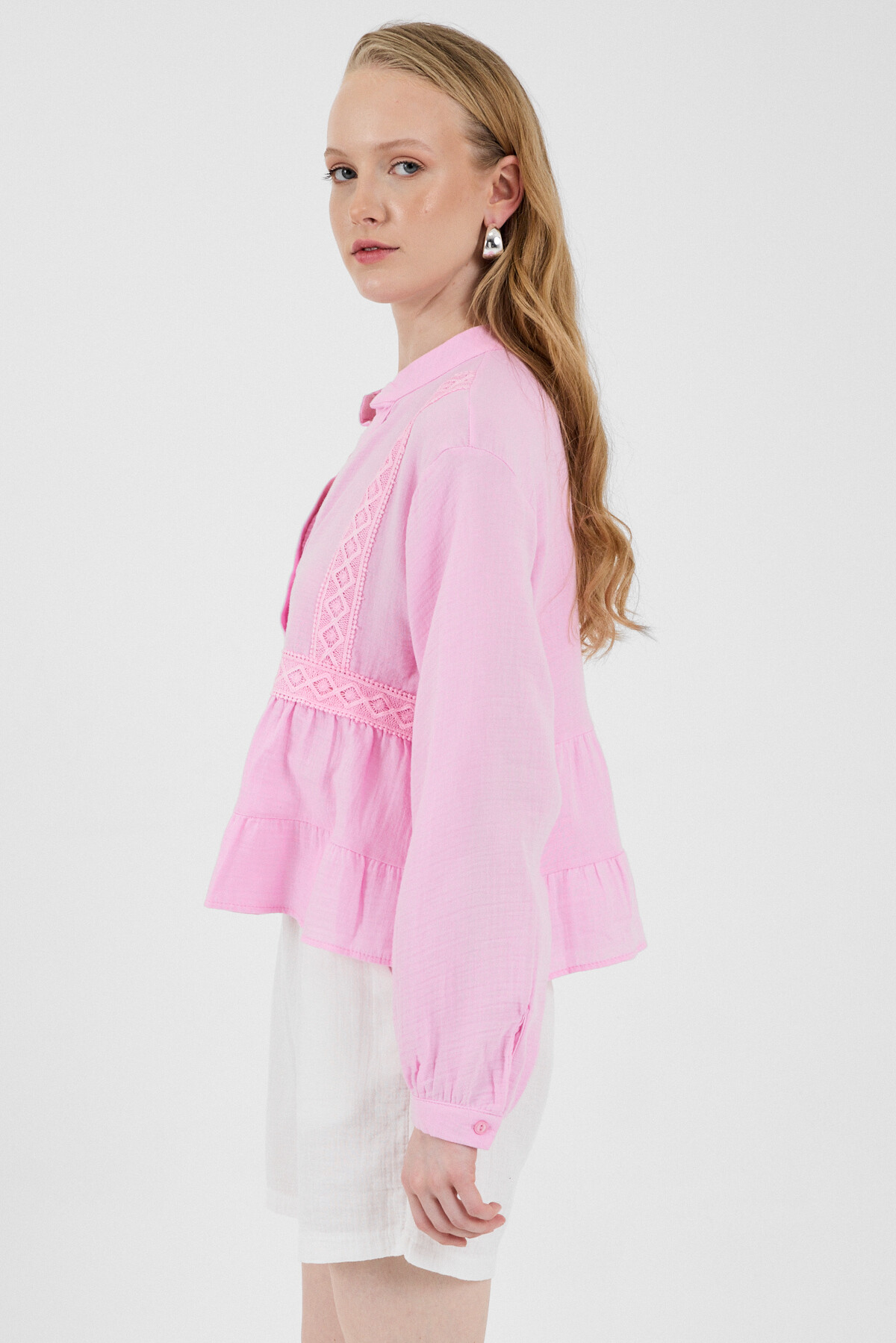 Pembe %100 Pamuk Dantel Detaylı Müslin Gömlek 4823A - 2