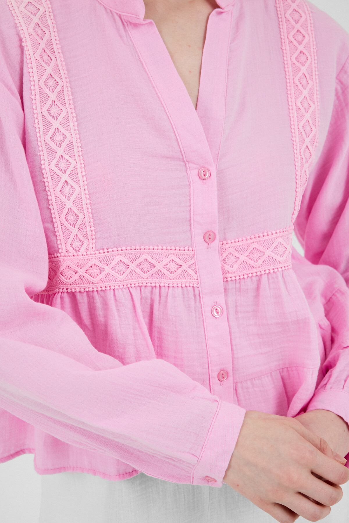 Pembe %100 Pamuk Dantel Detaylı Müslin Gömlek 4823A - 4