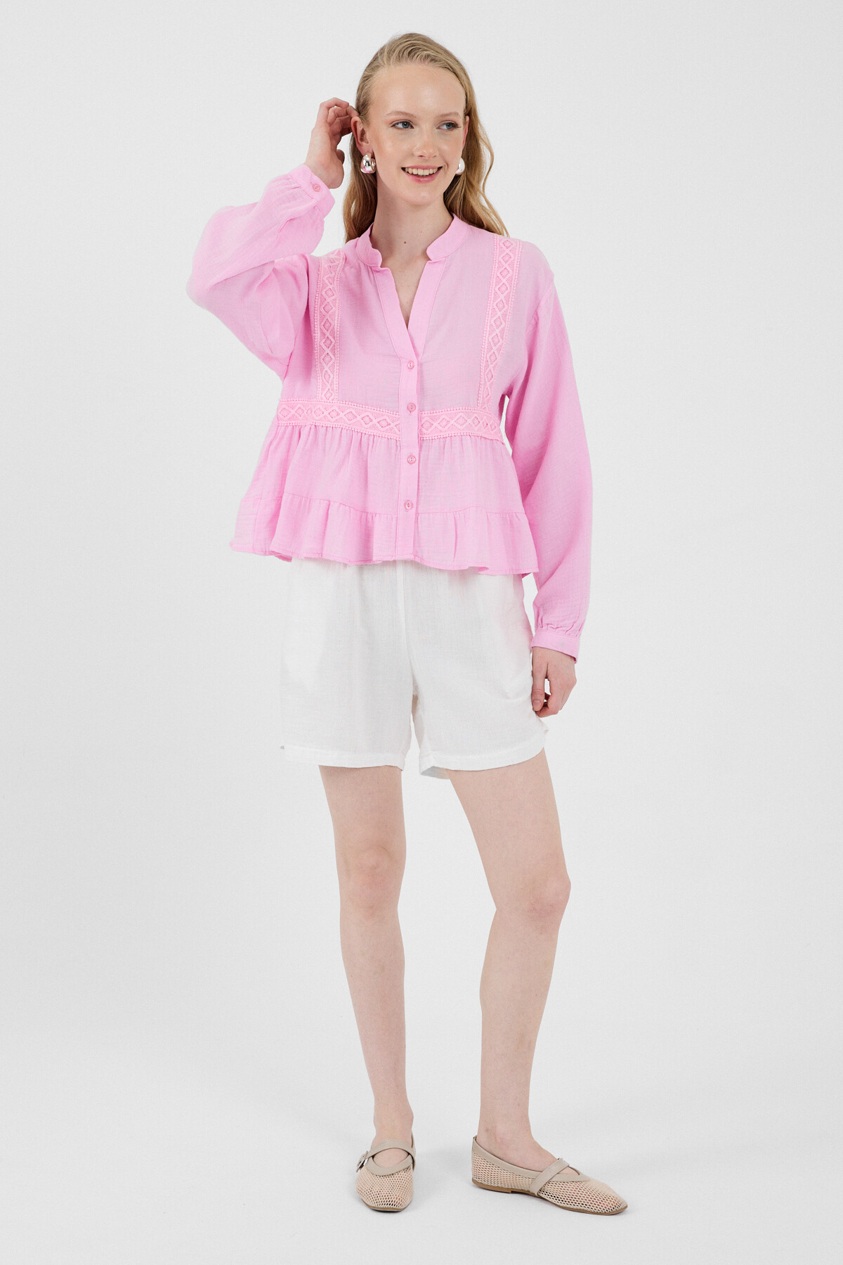 Pembe %100 Pamuk Dantel Detaylı Müslin Gömlek 4823A 