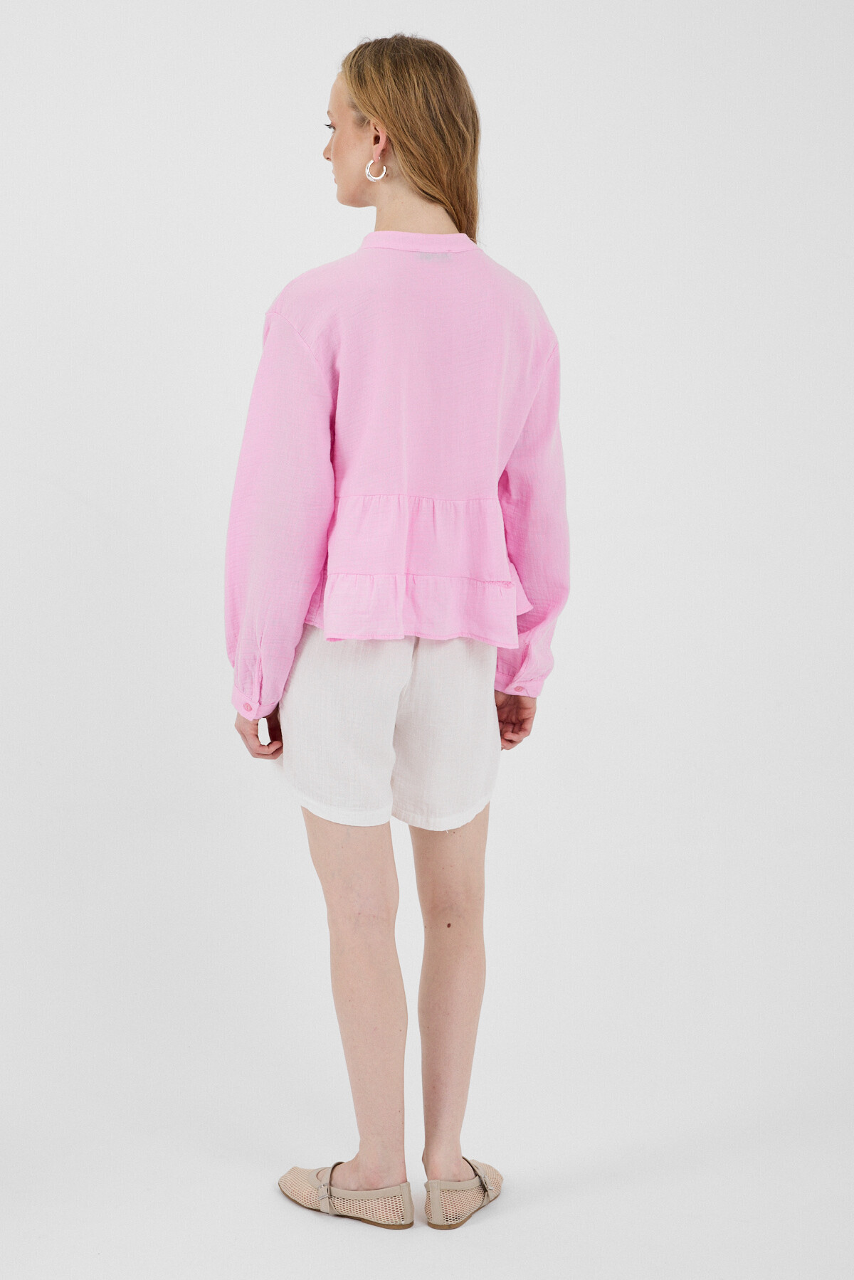 Pembe %100 Pamuk Dantel Detaylı Müslin Gömlek 4823A - 5