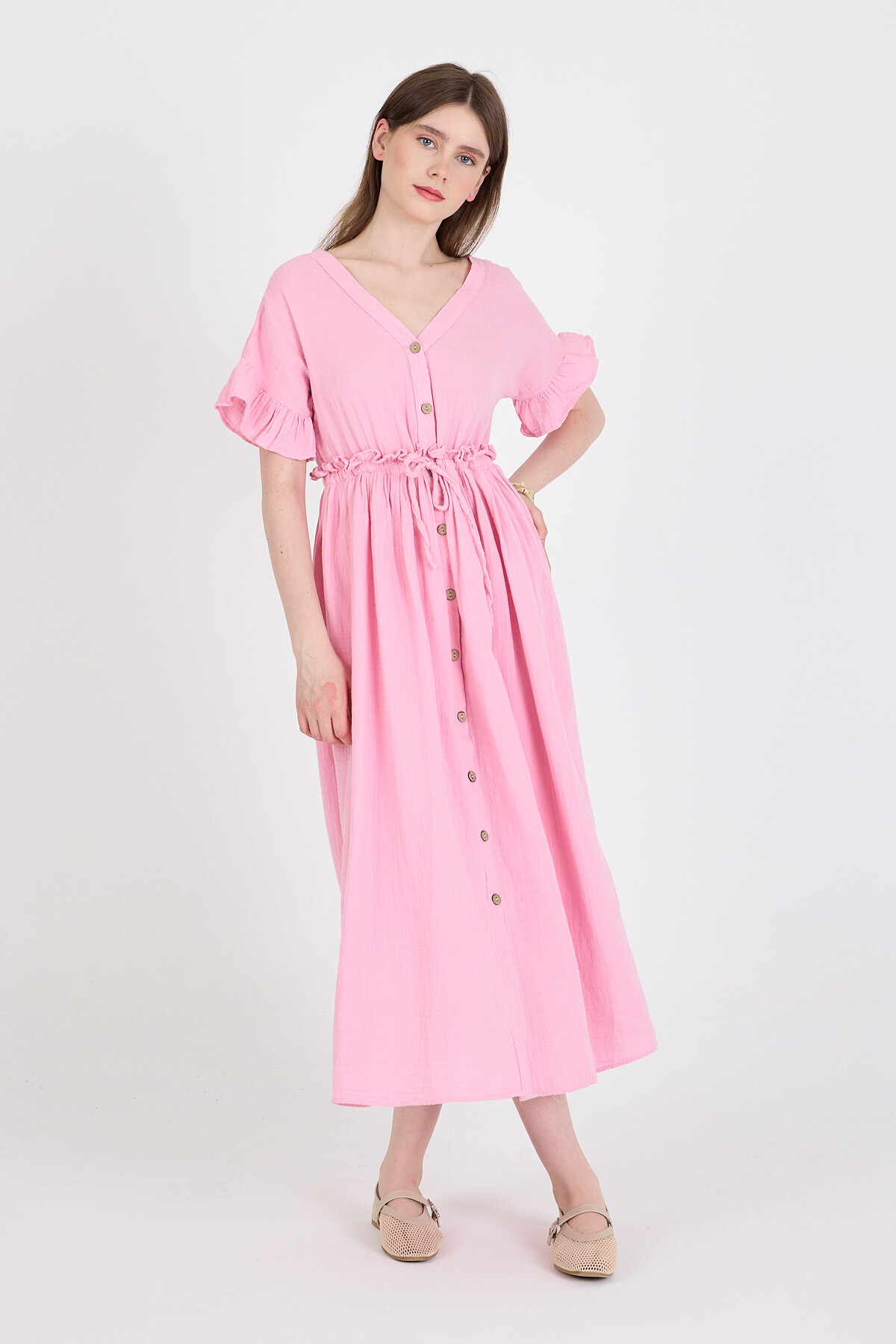 Pembe %100 Pamuk Fırfır Kol Detaylı Düğmeli Elbise 4781A - RAYS