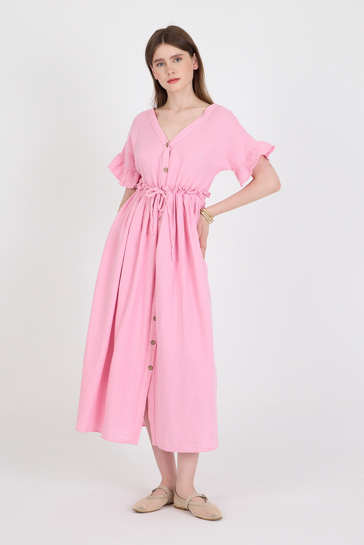 Pembe %100 Pamuk Fırfır Kol Detaylı Düğmeli Elbise 4781A - 6