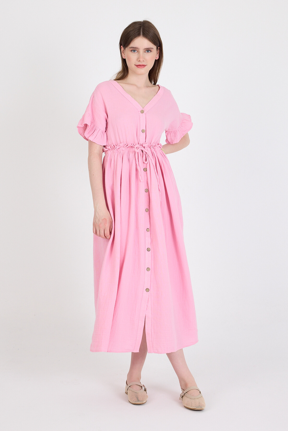 Pembe %100 Pamuk Fırfır Kol Detaylı Düğmeli Elbise 4781A - 7