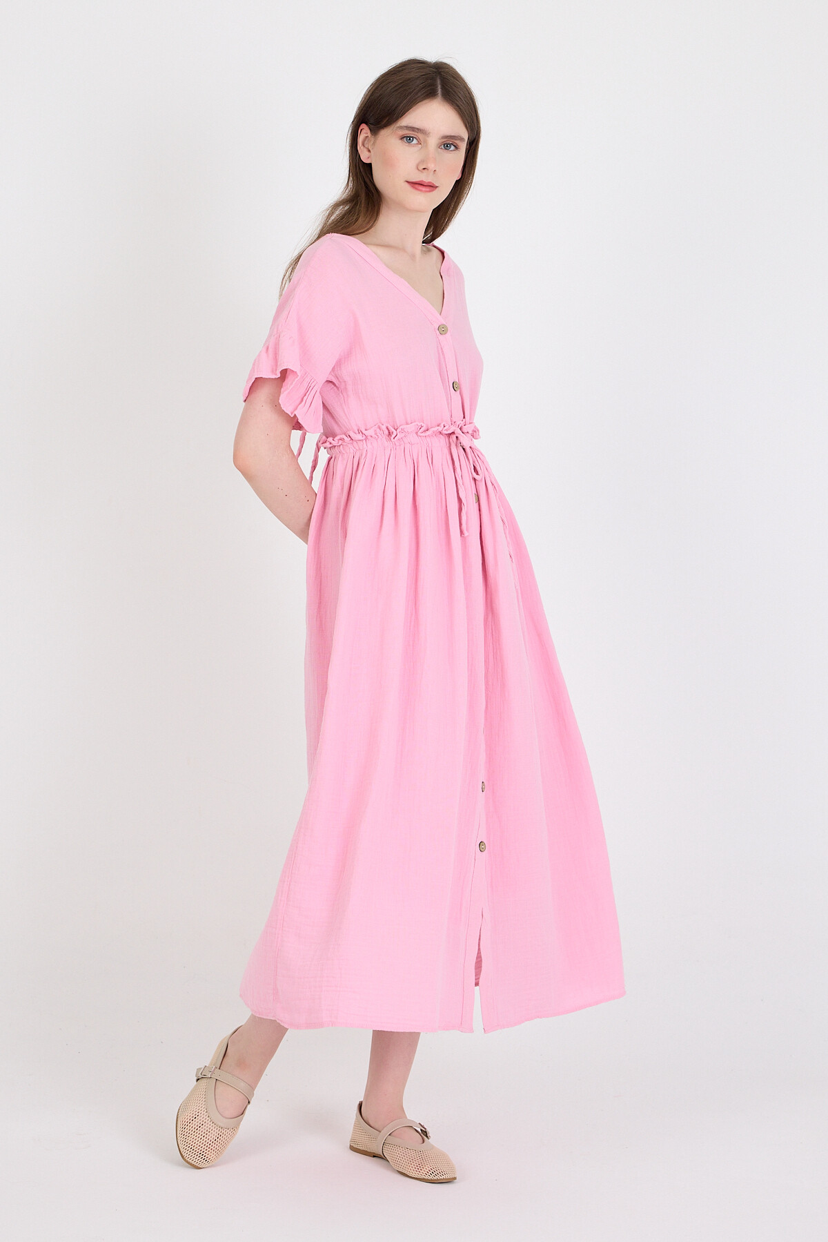 Pembe %100 Pamuk Fırfır Kol Detaylı Düğmeli Elbise 4781A - 2