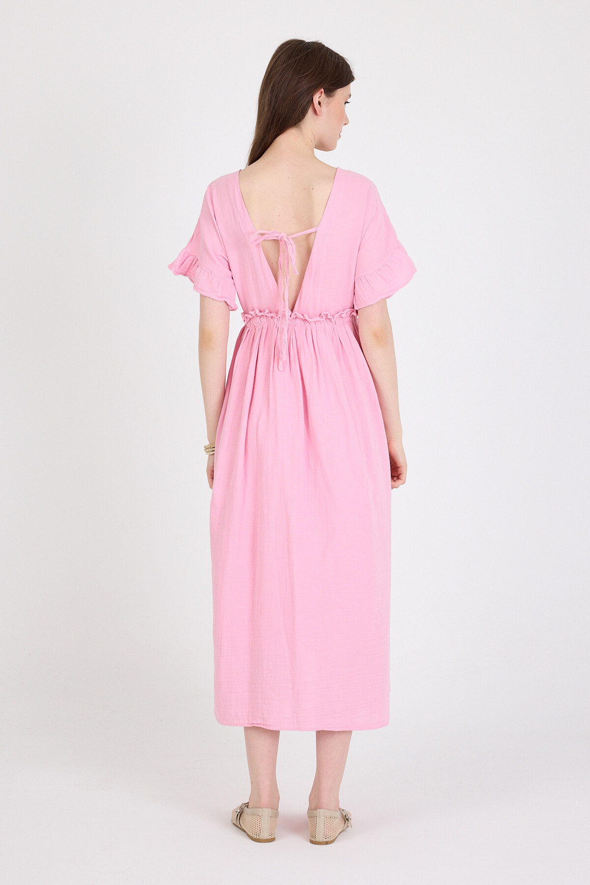 Pembe %100 Pamuk Fırfır Kol Detaylı Düğmeli Elbise 4781A - 5