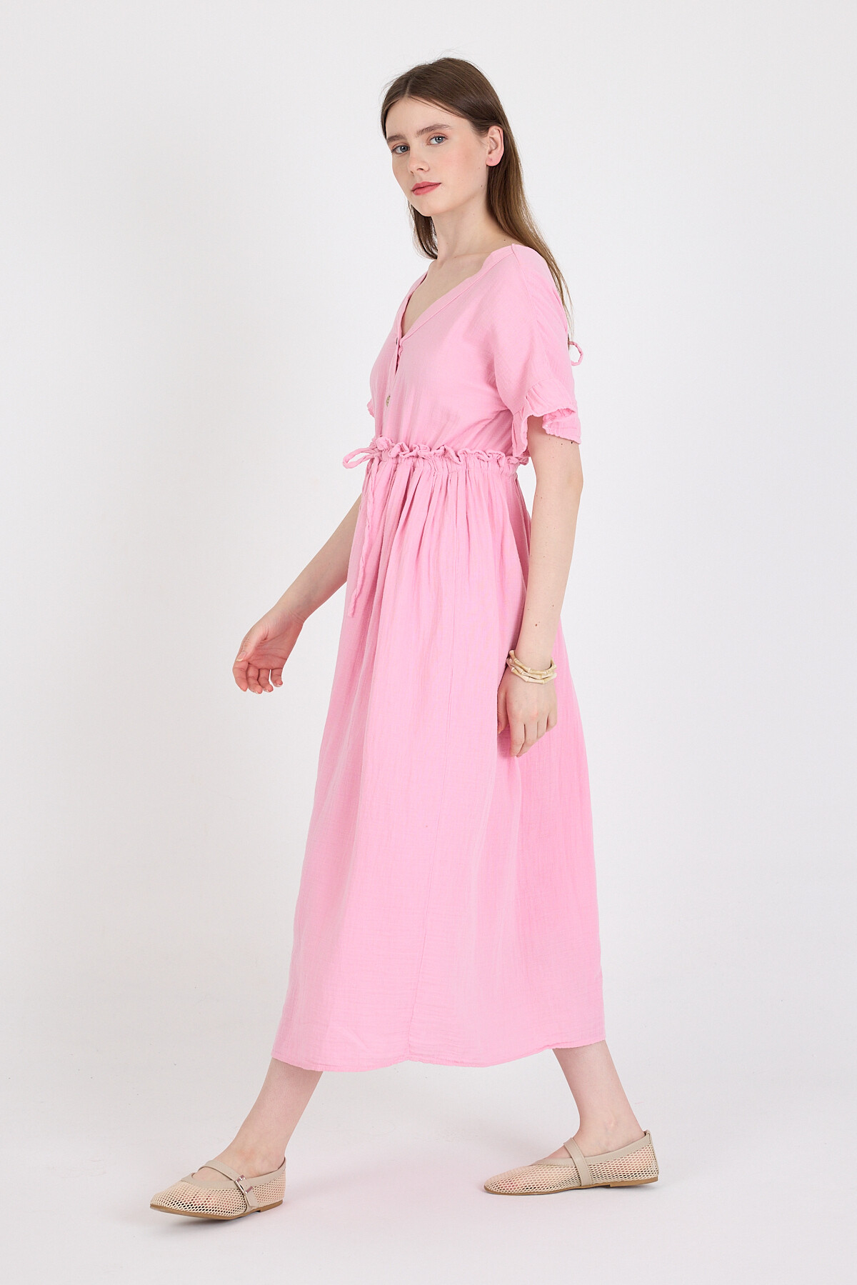 Pembe %100 Pamuk Fırfır Kol Detaylı Düğmeli Elbise 4781A - 3