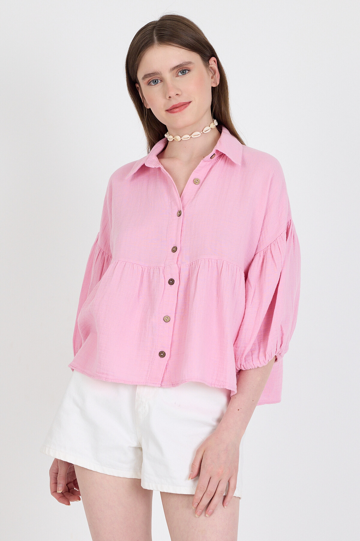 Pembe %100 Pamuk Keten Görünümlü Düğmeli Gömlek 4783A 