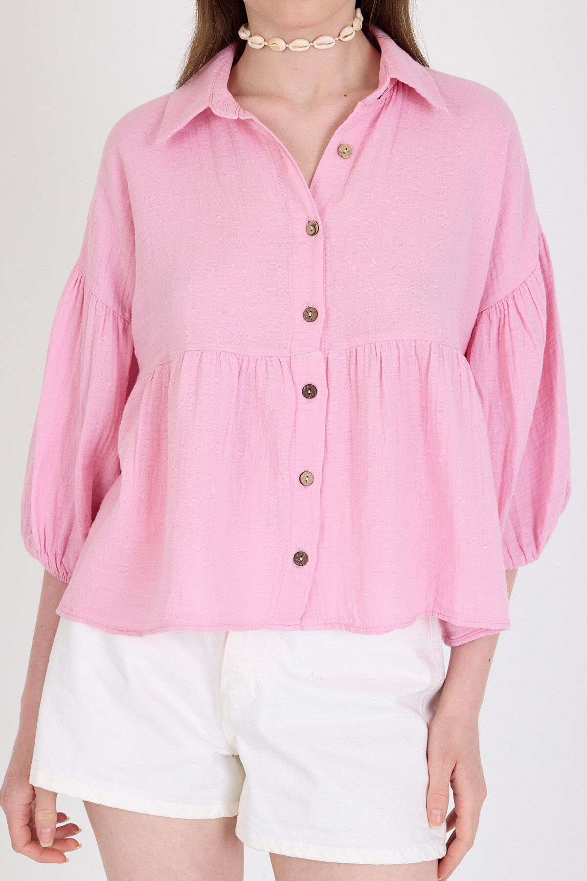 Pembe %100 Pamuk Keten Görünümlü Düğmeli Gömlek 4783A - 4