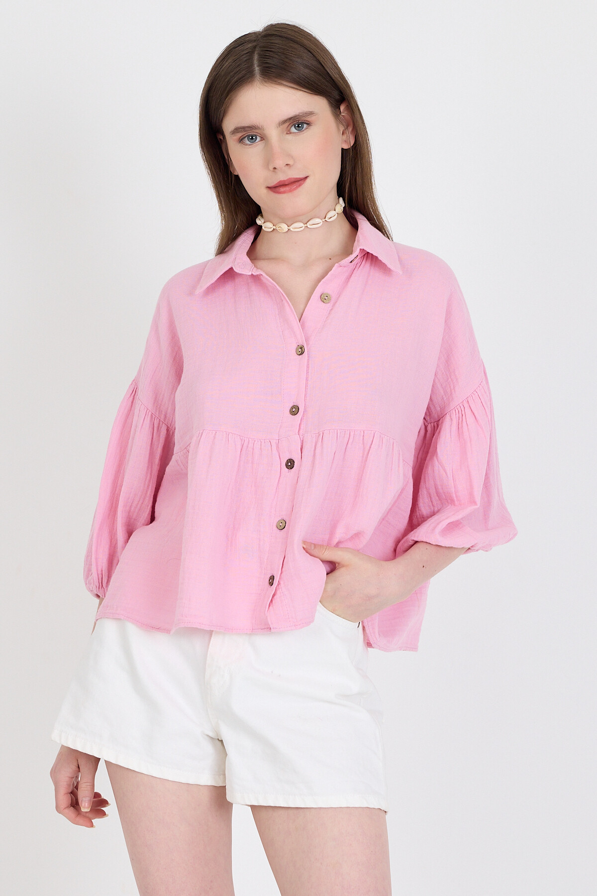 Pembe %100 Pamuk Keten Görünümlü Düğmeli Gömlek 4783A - 2