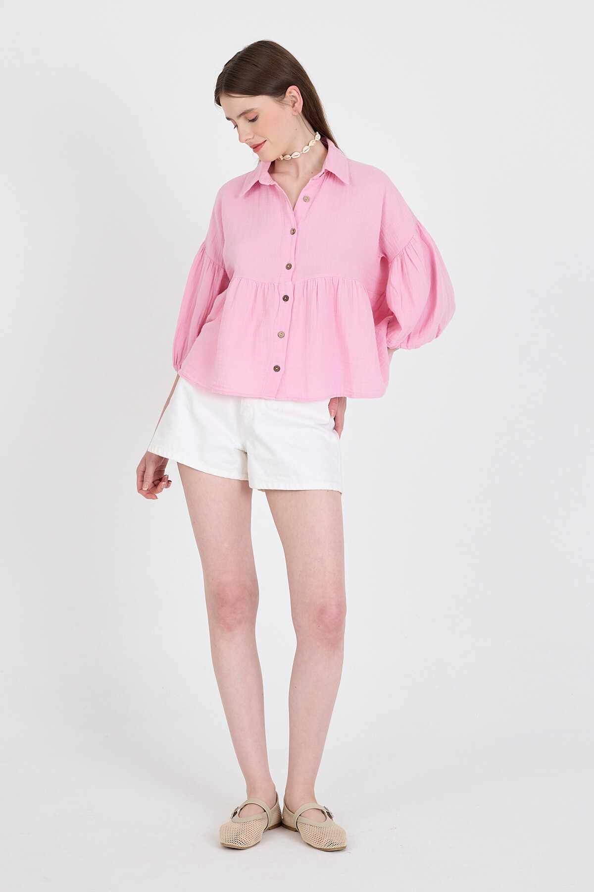 Pembe %100 Pamuk Keten Görünümlü Düğmeli Gömlek 4783A - 3