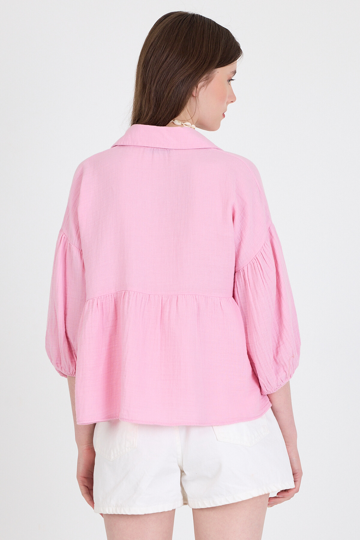 Pembe %100 Pamuk Keten Görünümlü Düğmeli Gömlek 4783A - 5