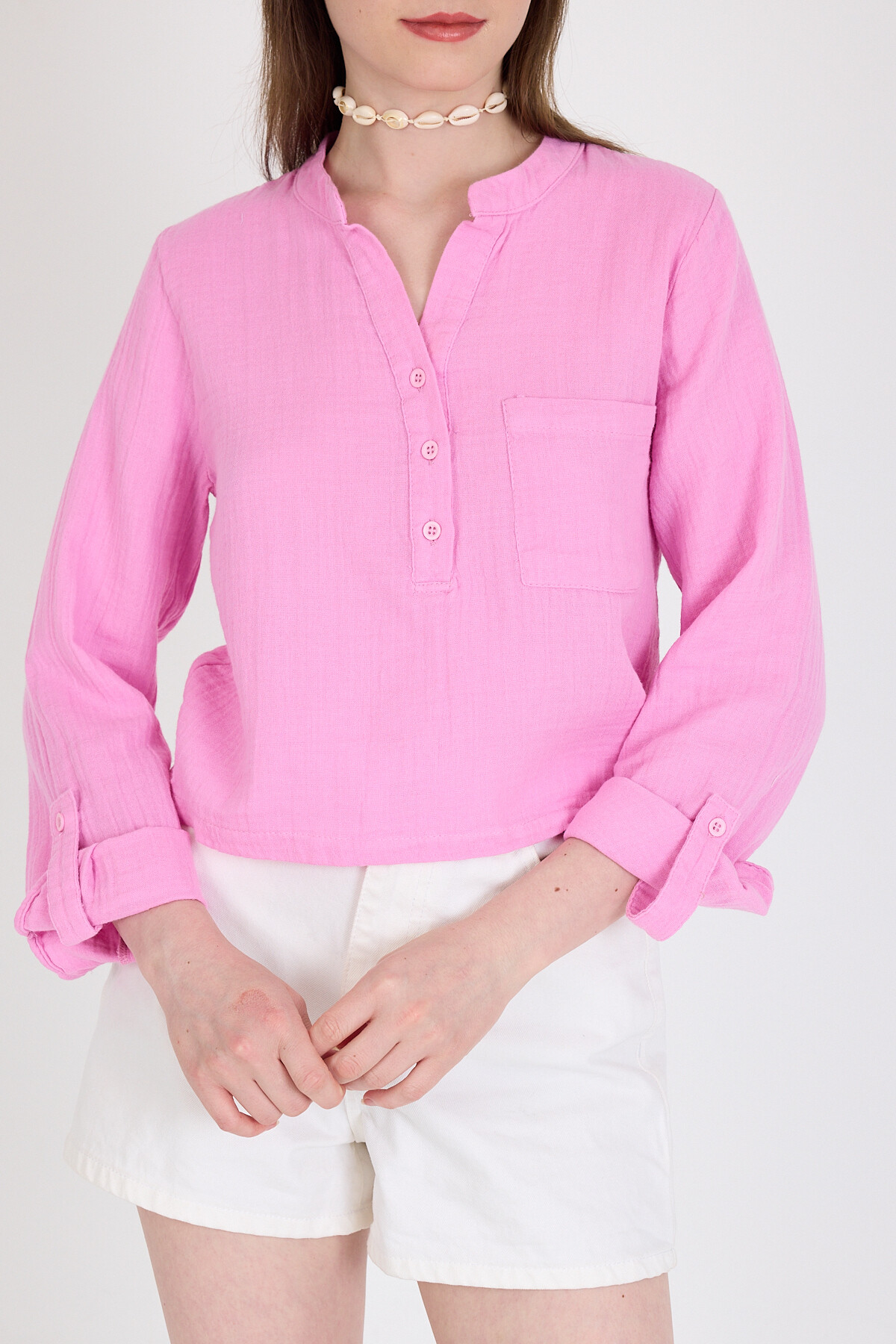 Pembe %100 Pamuk Keten Görünümlü Hakim Yaka Crop Gömlek 4702A - 6