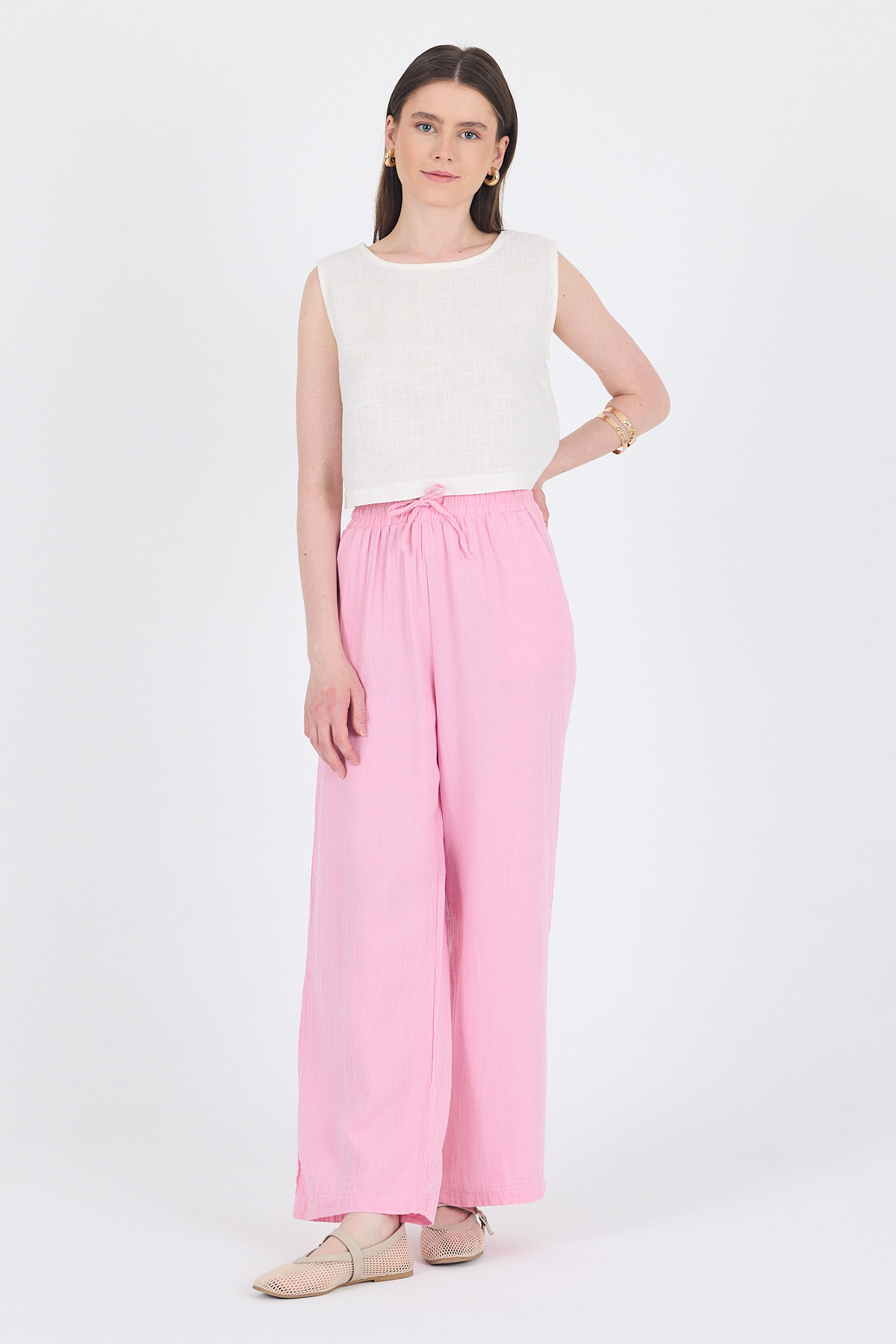 Pembe %100 Pamuk Müslin Palazzo/Bol Paça Pantolon 8056A - 2