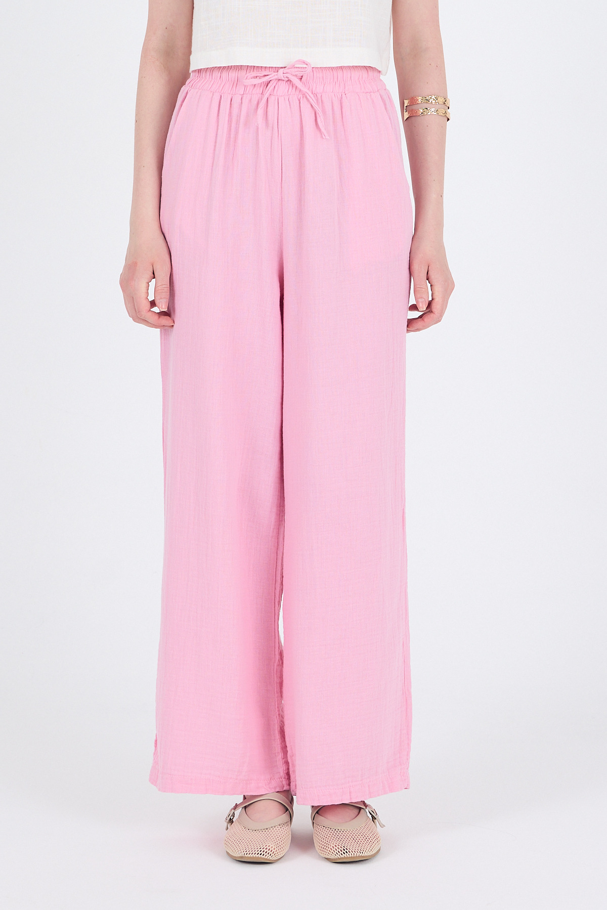 Pembe %100 Pamuk Müslin Palazzo/Bol Paça Pantolon 8056A - 5