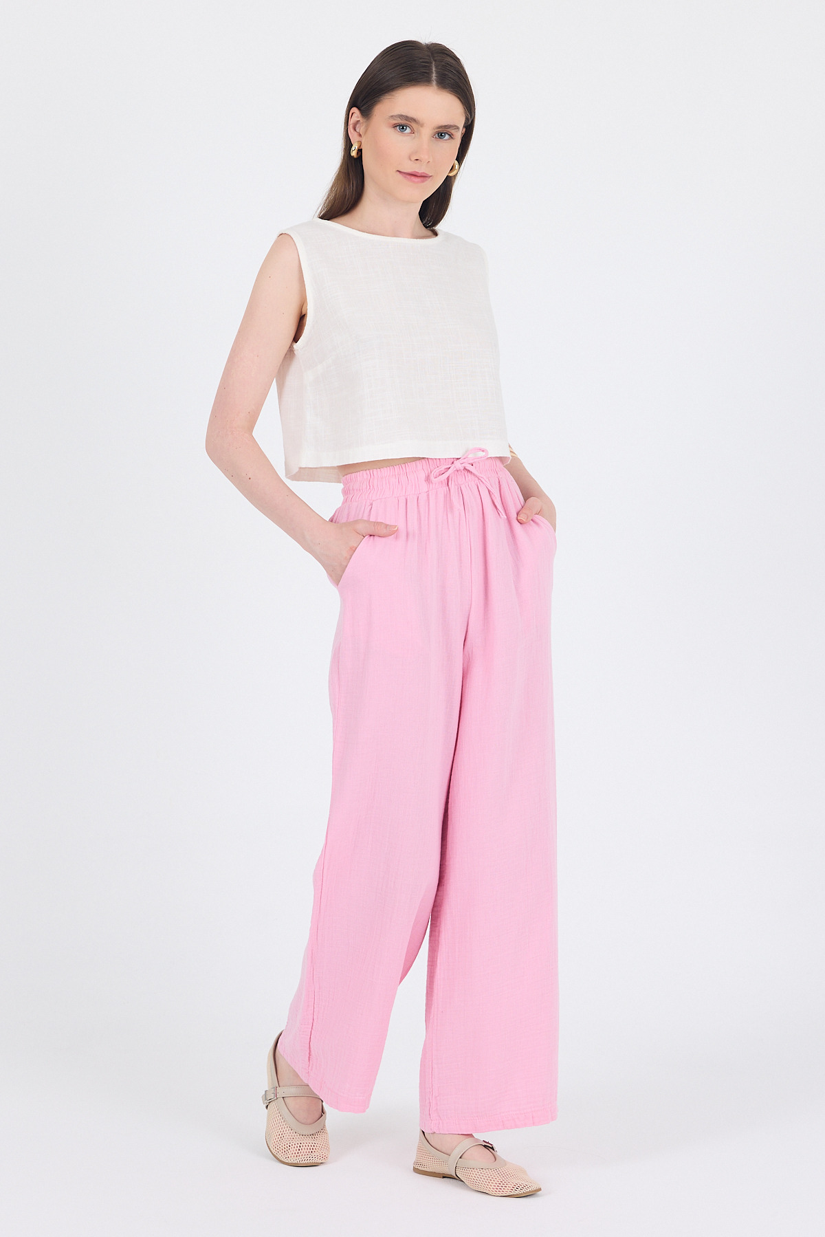 Pembe %100 Pamuk Müslin Palazzo/Bol Paça Pantolon 8056A - 1